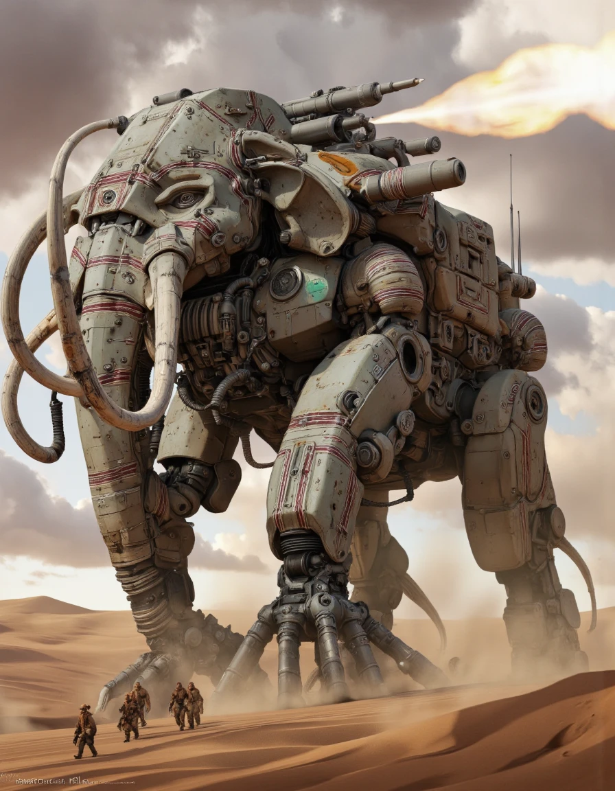 A colossal quadrupedal war machine in the form of a mammoth, marching across rolling desert dunes under a blazing sun. Its massive tusks are made of metallic alloy, gleaming with embedded energy lines. Sand kicks up around its heavy mechanical limbs, which are powered by visible hydraulic systems and reactor cores. The armor is covered in tribal markings and high-tech plating, blending ancient beastly aesthetics with futuristic military technology. On its back, rotating missile turrets and energy cannons track invisible targets. A group of tiny humans in desert gear below emphasize its monumental scale. Dust storms swirl in the distance. Epic composition, cinematic lighting, ultra-detailed.