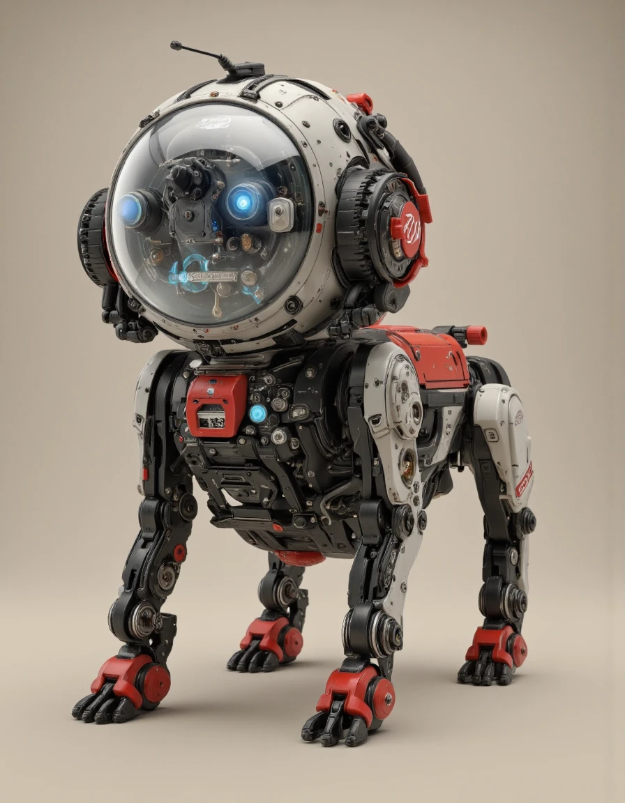 A photo-realistic shoot from a front camera angle about a futuristic, robotic dog with a sleek, black and red design. the robot is standing in the middle of the image, facing the viewer with its full body visible. it has a large, round, transparent helmet with glowing blue eyes, and intricate mechanical details on its body, including a central control panel with various buttons and knobs, as well as a small antenna on its head. its legs are made of metal with red and black accents, and it has four legs, each with a claw-like claw at the end, giving it a robotic appearance. the background is a plain, muted beige color, providing a neutral backdrop for the robot. the overall aesthetic is sleek and futuristic, with a focus on technology and science fiction.