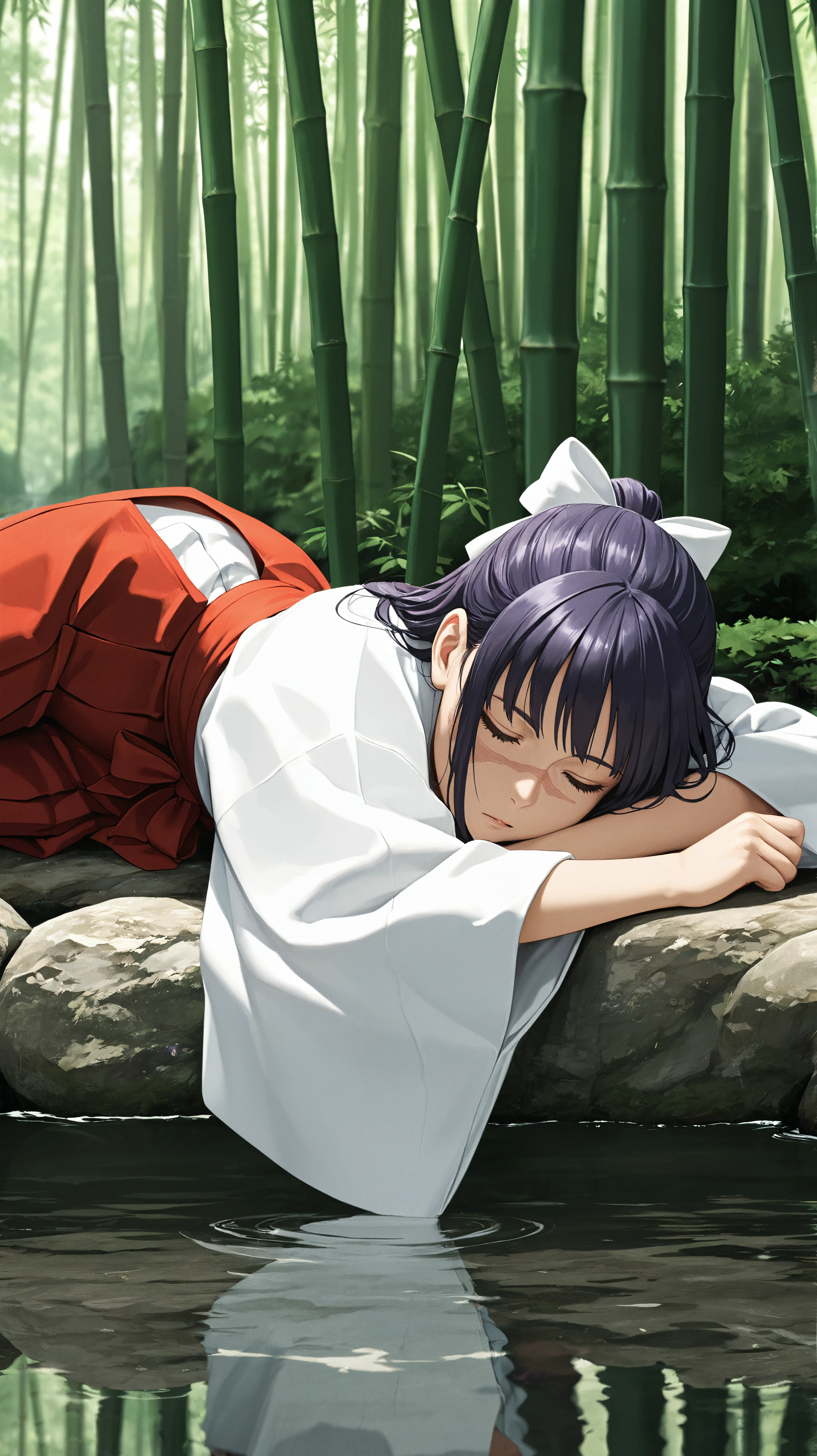 masterpiece, best quality, amazing quality, girl, sleeping, <lora:Utahime Iori - Illu:0.9>, aUtahime, long hair, purple hair, ponytail, brown eyes, scar on face, white hairbow, red hakama skirt, bamboo forest, river, stream, nature,
