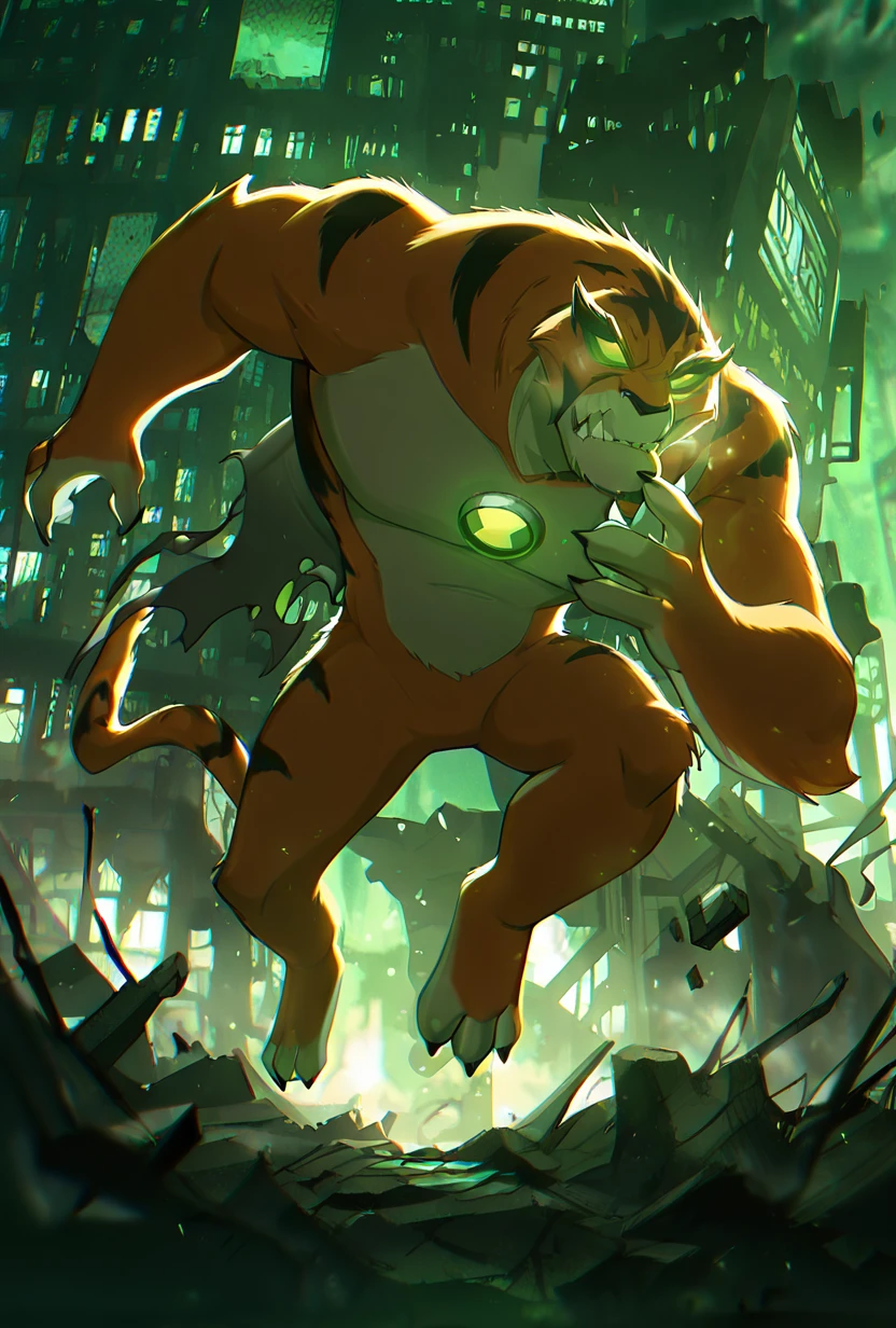 <lora:rath-10:1> rath, furry, 1boy, green eyes, green sclera, solo, no humans, tiger strips , fangs, orange fur, sharp teeth, big arms, no pupils, big body, black eyebrows, <lora:WSSKX_WAI:1> glowing eyes, dark city, destroyed city, wearing grey cloak, blowing in the wing, post apocalypse, masterpiece, best quality, amazing quality, very aesthetic, absurdres, newest,