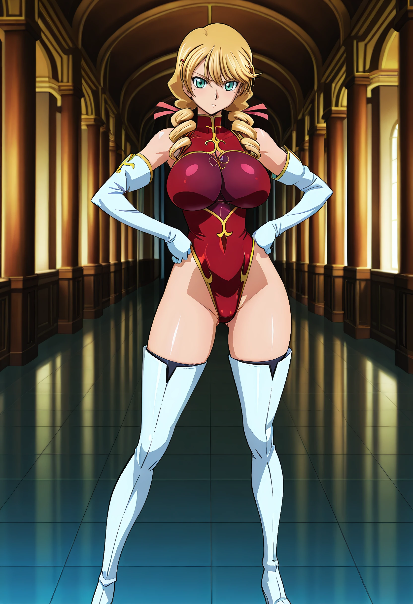 score_9,score_8_up,score_7_up,score_6_up,source_anime,anime screencap,indoors,castle,bloom,bokeh,<lora:Pony_Lily_v1_XL:0.8>,tlwy,full body,looking at viewer,hands on hip,gold lined turtleneck,leotard,detached sleeves,highleg,high heels,anklet,white footwear,small breasts,flat chest,covered nipples,covered navel,bare shoulders,cameltoe,covered nipples,