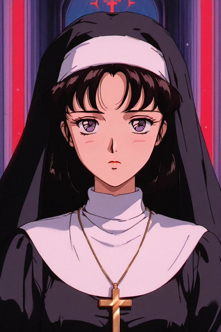 1girl, solo, alone, nun, cross necklace, looking at the viewer, <lora:retro_lofi_vibe:1>, retro_lofi_vibe, retro artstyle, masterpiece, highres