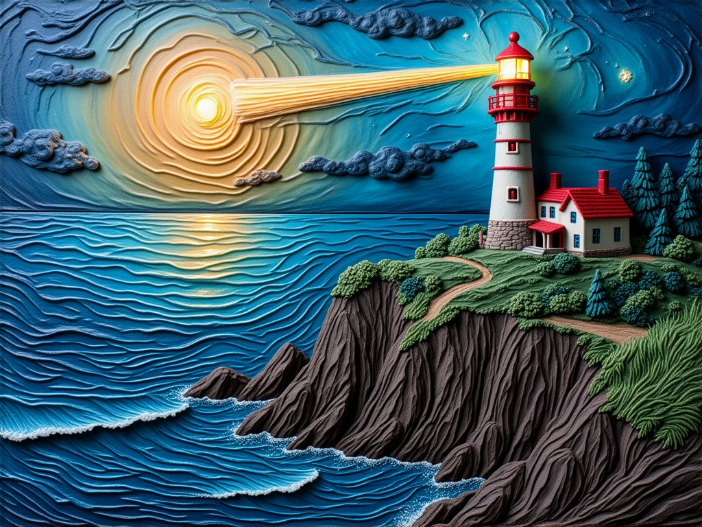 Textured clay art. 

Dark. 

A lighthouse on a cliff, overlooking the ocean, sending a beam of light upon the sea.

fantasy style.

clyartCE_style
