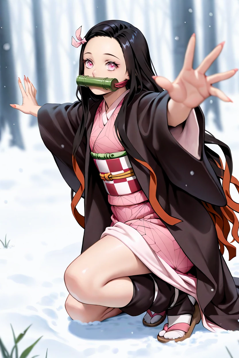 <lora:Nezuko1llust:0.8>, Demon Slayer, 1girl, kamado nezuko, solo, bamboo, bit gag, japanese clothes, gag, kimono, pink eyes, long hair, pink kimono, black hair, multicolored hair, ribbon, hair ribbon, checkered sash, pink ribbon, looking at viewer, sash, snow, haori, gagged, outstretched arms, mouth hold, long sleeves, obi, two-tone hair, fingernails, very long hair, full body, forehead, sharp fingernails, brown hair, one knee, wide sleeves, sandals