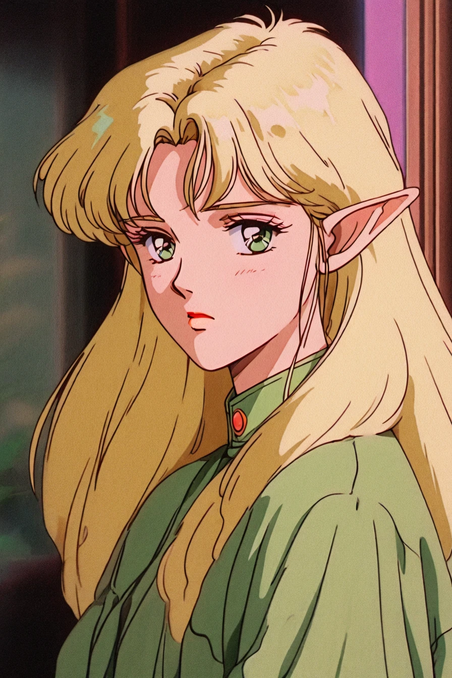 1girl, solo, alone, elf, pointy ears, looking at the viewer, <lora:retro_lofi_vibe:1>, retro_lofi_vibe, retro artstyle, masterpiece, highres