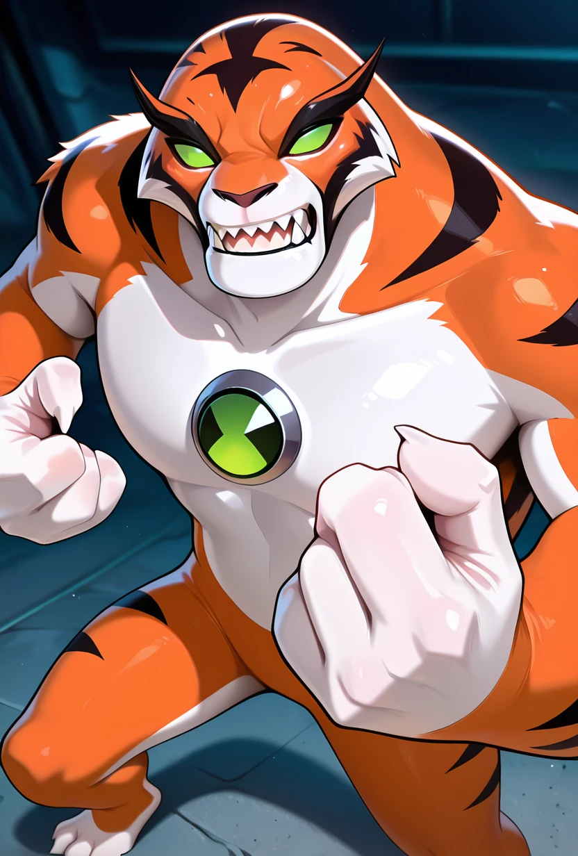 <lora:rath-10:1> rath, furry, 1boy, green eyes, green sclera, solo, no humans, tiger strips , fangs, orange fur, sharp teeth, big arms, no pupils, big body, black eyebrows, <lora:DC_v1_NAI-XL:1> domain clash,, masterpiece, best quality, amazing quality, very aesthetic, absurdres, newest,