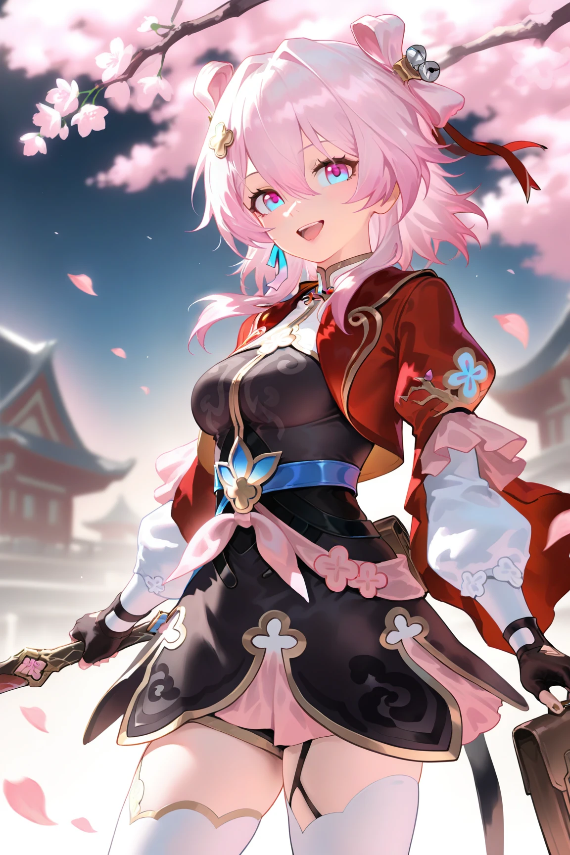 <lora:c_march 7th (hunt) (honkai star rail)_nbe11_xl:1>march 7th \(hunt\) \(honkai star rail\), 1girl, march 7th \(honkai: star rail\), holding, gloves, smile, solo, black gloves, open mouth, cherry blossoms, breasts, red jacket, jacket, dress, long sleeves, fingerless gloves, medium hair, looking at viewer, medium breasts, upper teeth only, white thighhighs, thighhighs, teeth, black dress, petals, hair between eyes, cowboy shot, bag, ,masterpiece,best quality,
