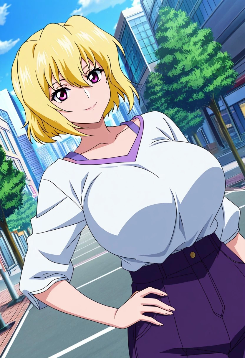 1women, ((nude)), ((huge tits)), slim waist, outdoor, night city, ((busty)), blonde hair, green eyes, ponytail hair, smile, white tank top, short pants, open mouth, view at camera, close up,