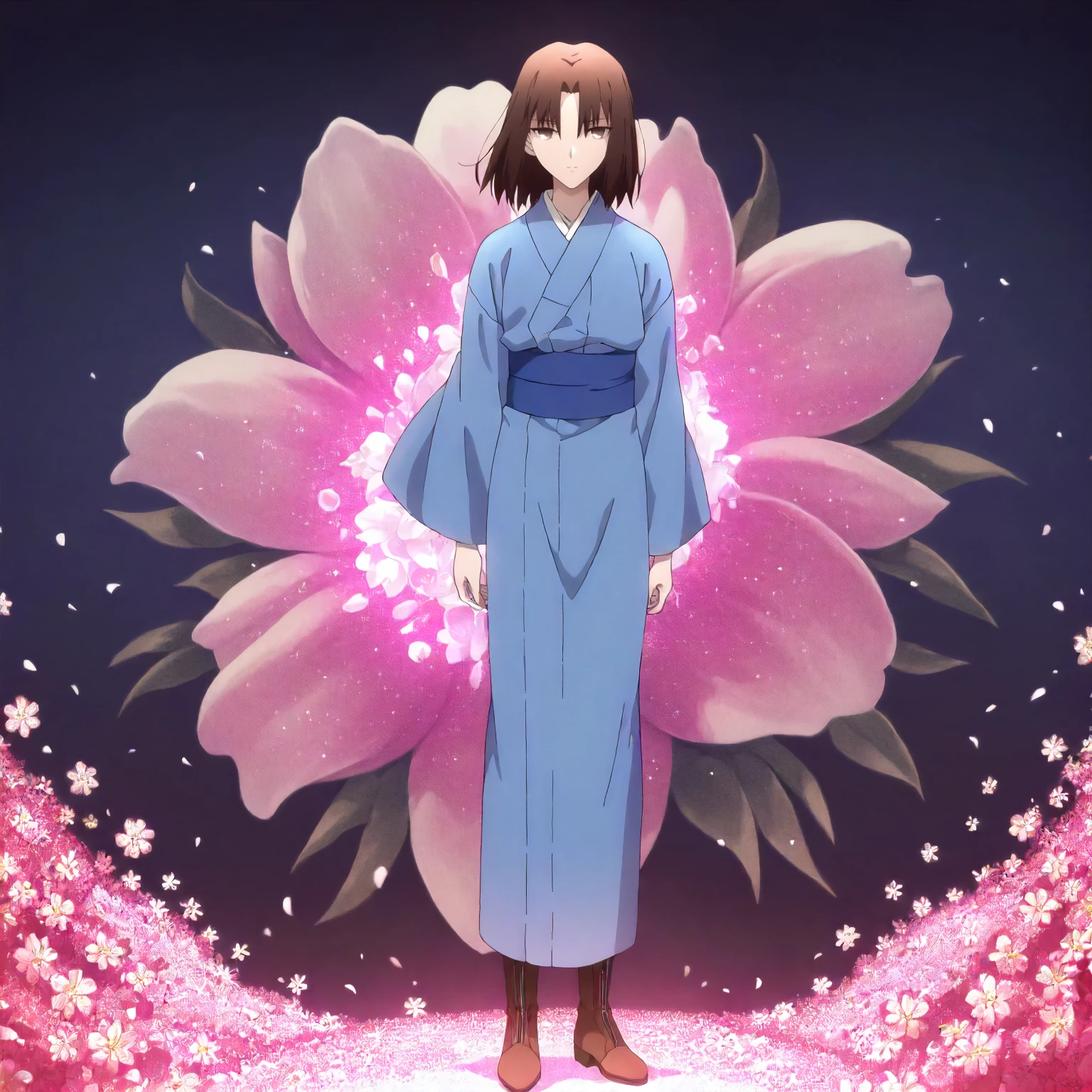 <lora:KnK_ryougi_shikiXLIllustrious001>,
masterpiece,best quality,good quality,newest,
flower background,glitter,
expressionless,
looking at viewer,
solo,
anime coloring,
ryougi_shiki\(kara_no_kyoukai\),1girl,black brown hair,medium hair,brown eyes,
blue kimono,
boots,
full body,
standing,