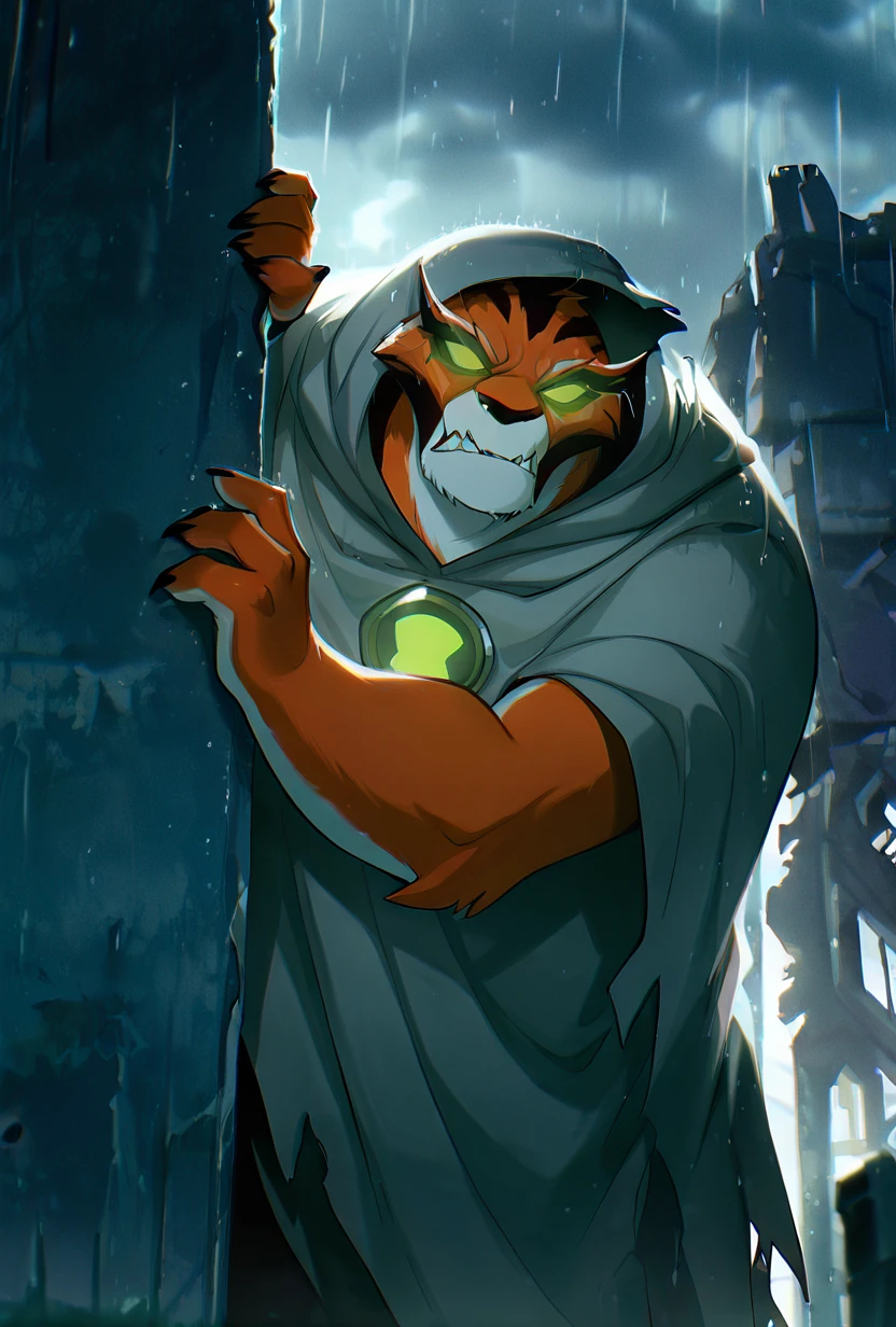 <lora:rath-10:1> rath, furry, 1boy, green eyes, green sclera, solo, no humans, tiger strips , fangs, orange fur, sharp teeth, big arms, no pupils, big body, black eyebrows, <lora:WSSKX_WAI:1> glowing eyes, wearing cloak, grey cloak, grey hood, hiding, post apocalypse, rainy day, sad day, grey skies,, masterpiece, best quality, amazing quality, very aesthetic, absurdres, newest,