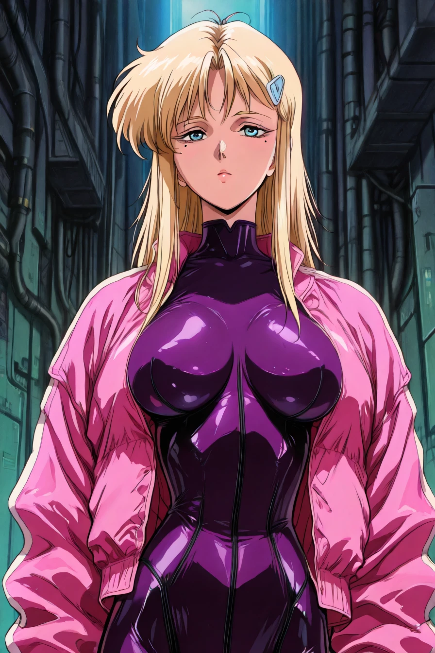 fuurinji miu, blonde hair, long hair, blue eyes, mole under right eyes, slim waist, large breast, pink jacket, purple bodysuit, hairclip, 1girl, solo, alone, <lora:retro_cyberpunk_fusion_illustriousXL_by_zura_janai:1>, retro_cyberpunk_fusion, retro, retro artstyle, masterpiece, highres