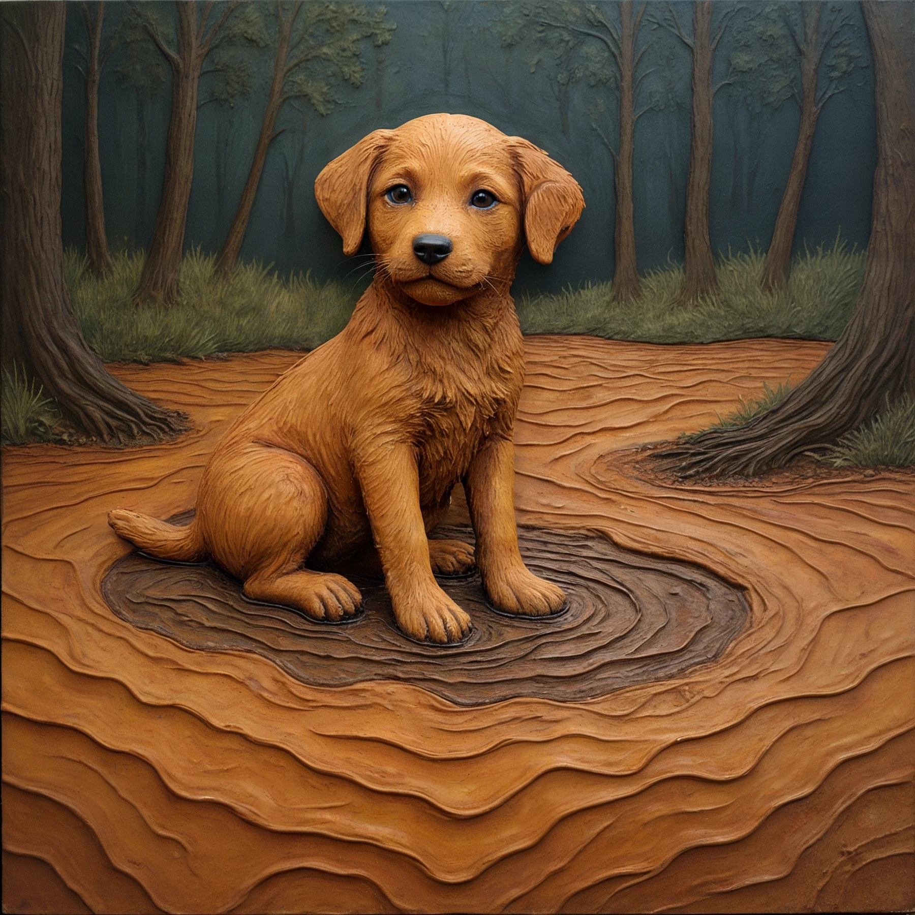 Clay art. Made entirely of clay. A puppy playing in a puddle in the woods.
<lora:ClayArt01a_CE_XL_300-OT:0.6> clyartCE_style
