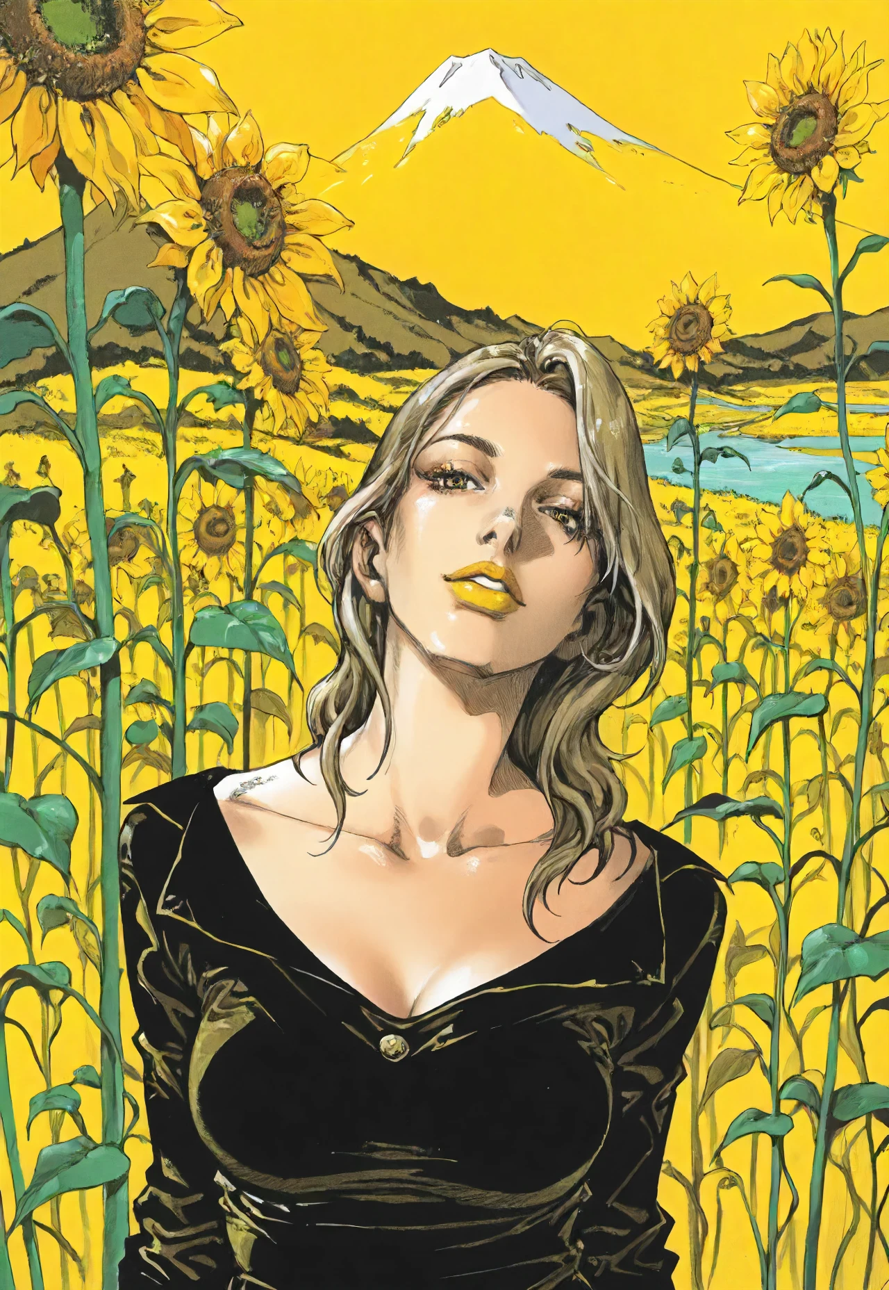 1girl, upper body, sunflowers in background, black and yellow colors, summer, mountain with river, flowers, detailed face, long hair, blond hairs, black shirt, best quality, jojo style by araki hirohiko