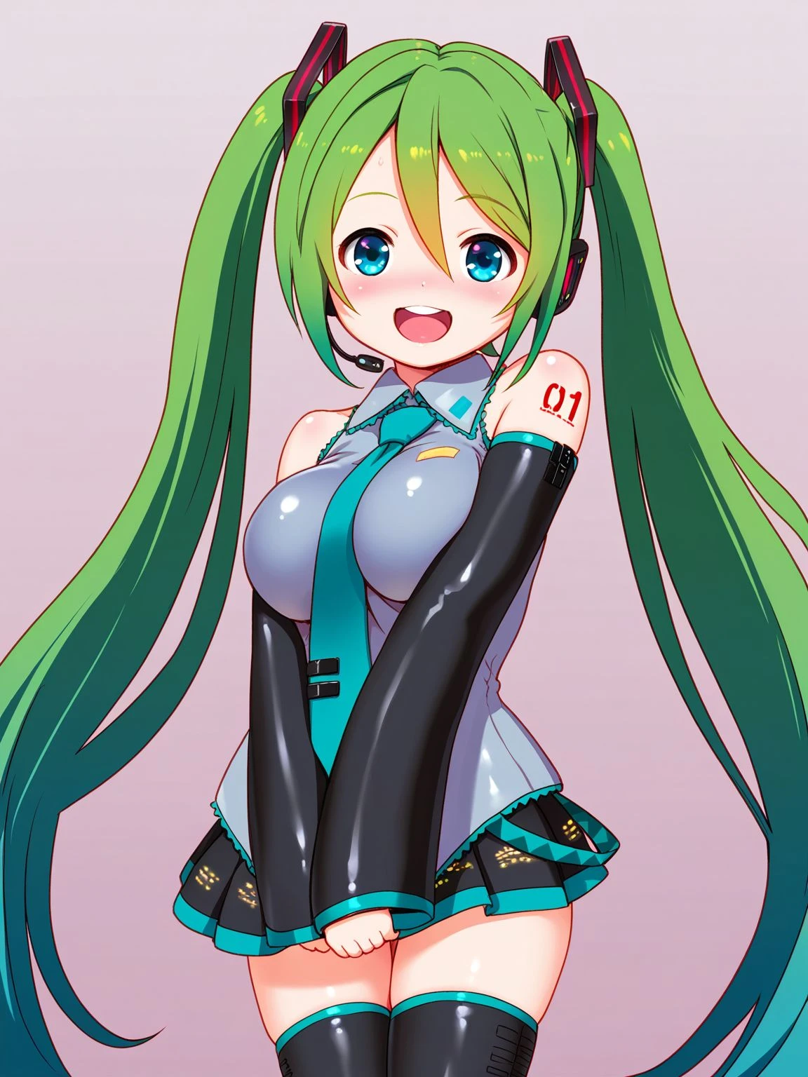 masterpiece, best quality, one girl, solo, dynamic pose, cowboy shot, hatsune miku, green eyes, green hair, twin tails, simple outfit, stooped, arms behind the back, big smile, from below, simple white background,