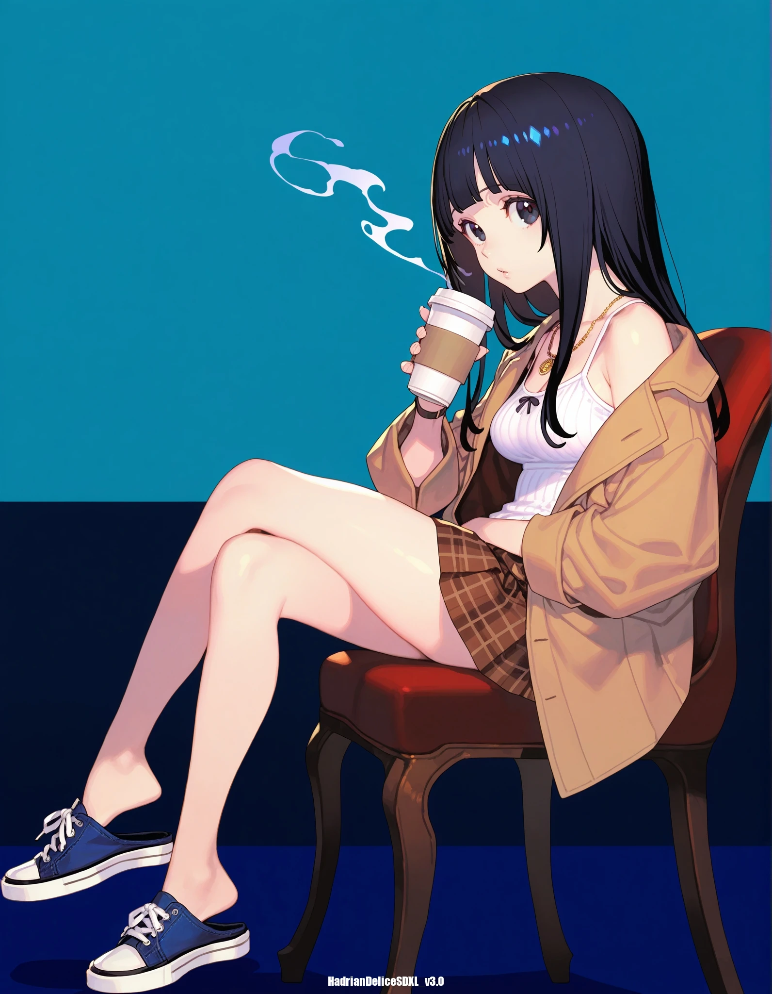 masterpiece, best quality, offical art, very aesthetics of fine arts, (hungry clicker:0.9),(enkyo yuuichirou:0.9), 1girl, sneakermules, looking at viewer, from side,shoe dangle, shoelaces, long hair, sitting on chair,holding disposable cup, coffee, crossed legs, multiple necklaces, camisole, open oversized jacket, pleated skirt, plaid skirt, black hair, black eyes, brown jacket, brown skirt