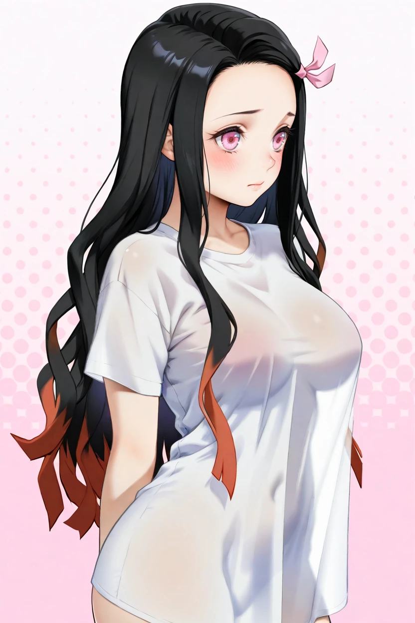 <lora:Nezuko1llust:0.8>,nezuko,long hair,black hair,kamado nezuko,pink eyes,two-tone hair,gradient hair,pink ribbon,
1girl,breasts,solo,long hair,blush,see-through,bangs,closed mouth,large breasts,shirt,naked shirt,see-through silhouette,gradient_background,halftone_background,