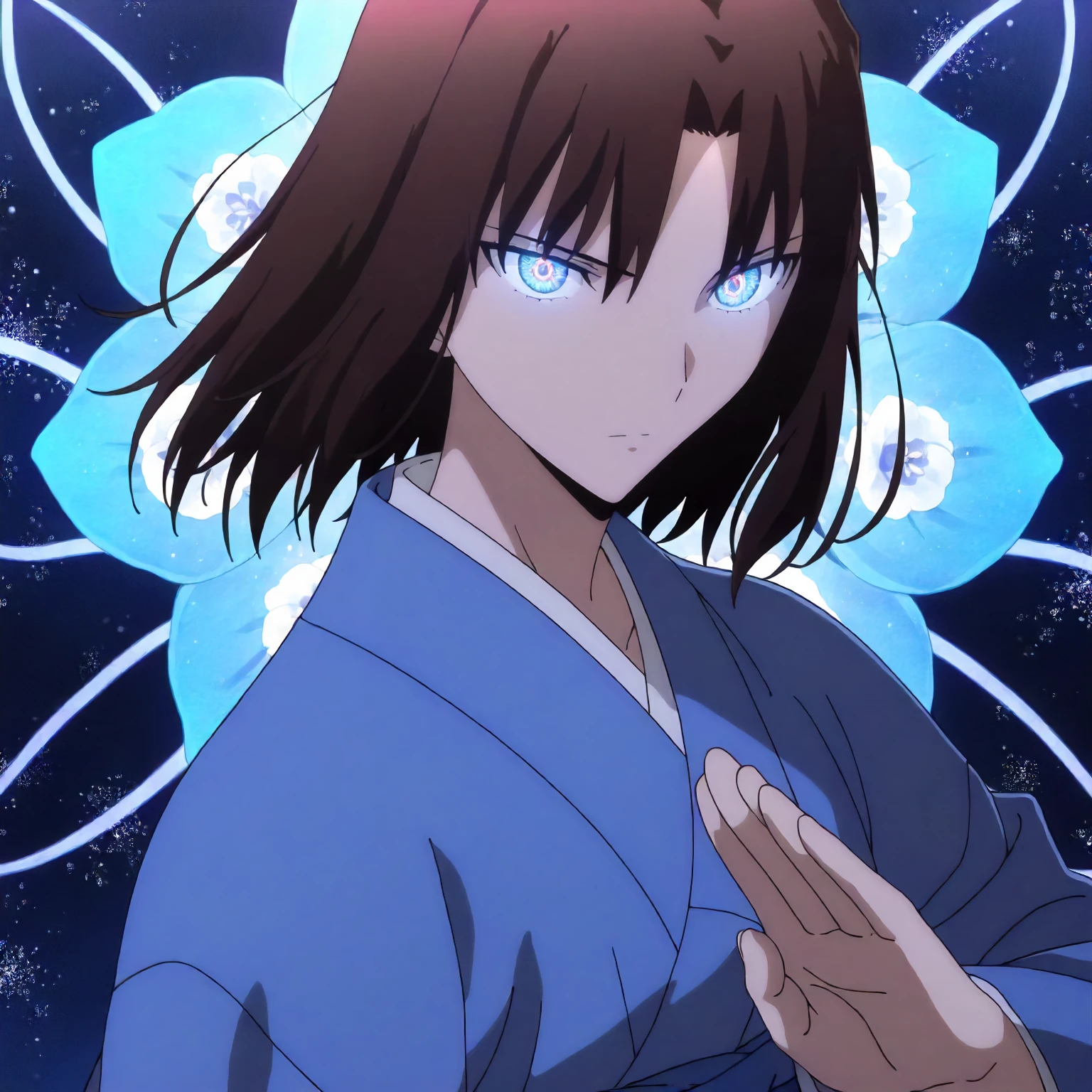 <lora:KnK_ryougi_shikiXLIllustrious001>,
masterpiece,best quality,good quality,newest,
flower background,glitter,
expressionless,
looking at viewer,
solo,
anime coloring,
ryougi_shiki\(kara_no_kyoukai\),1girl,black brown hair,medium hair,
glowing_eyes,multicolored eyes,
blue kimono,
fighting_stance,