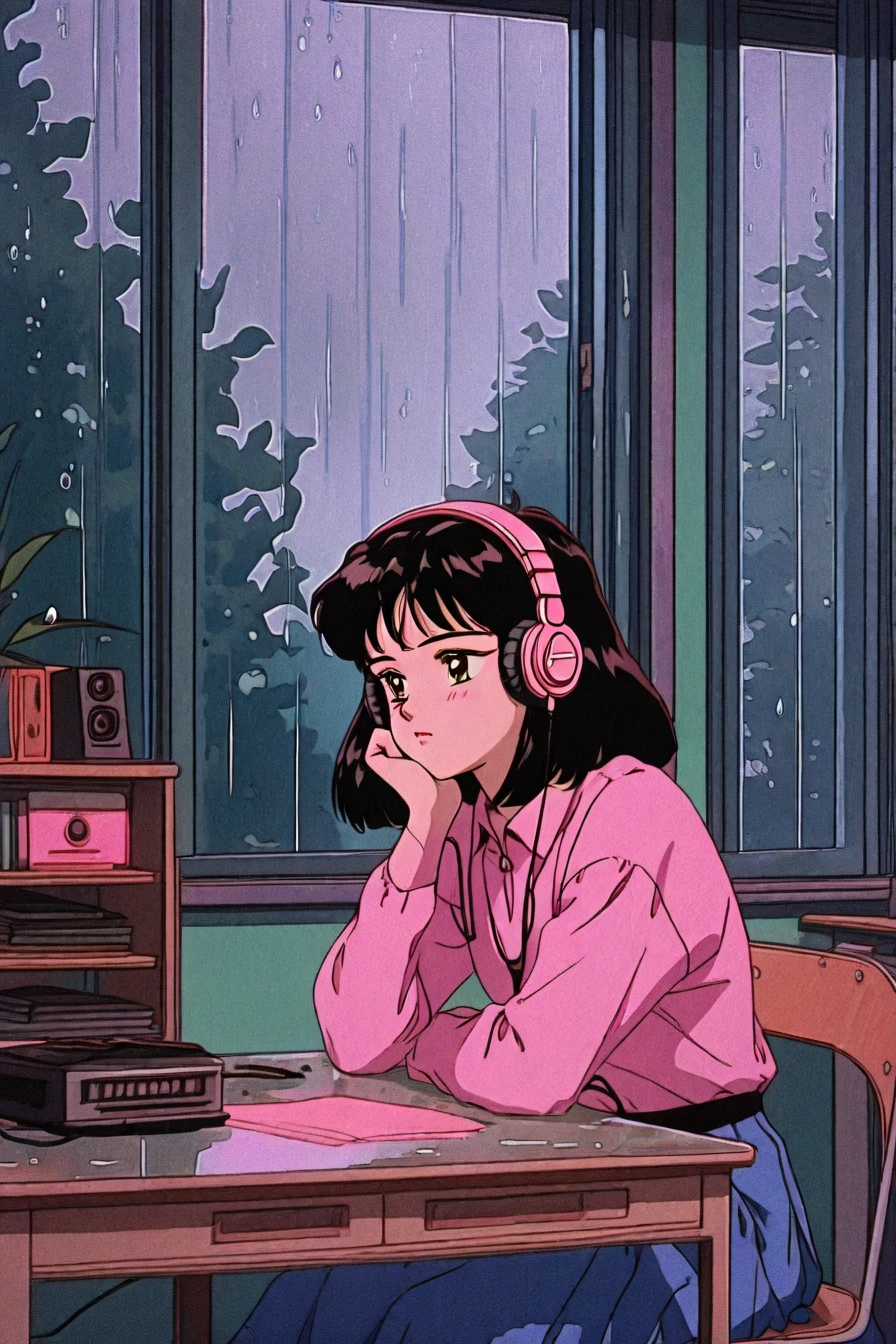 lofi girl, 1girl, solo, alone, sitting on chair, indoor, window, rain,desk, bedroom, headphones, <lora:retro_lofi_vibe:1>, retro_lofi_vibe, retro artstyle, masterpiece, highres