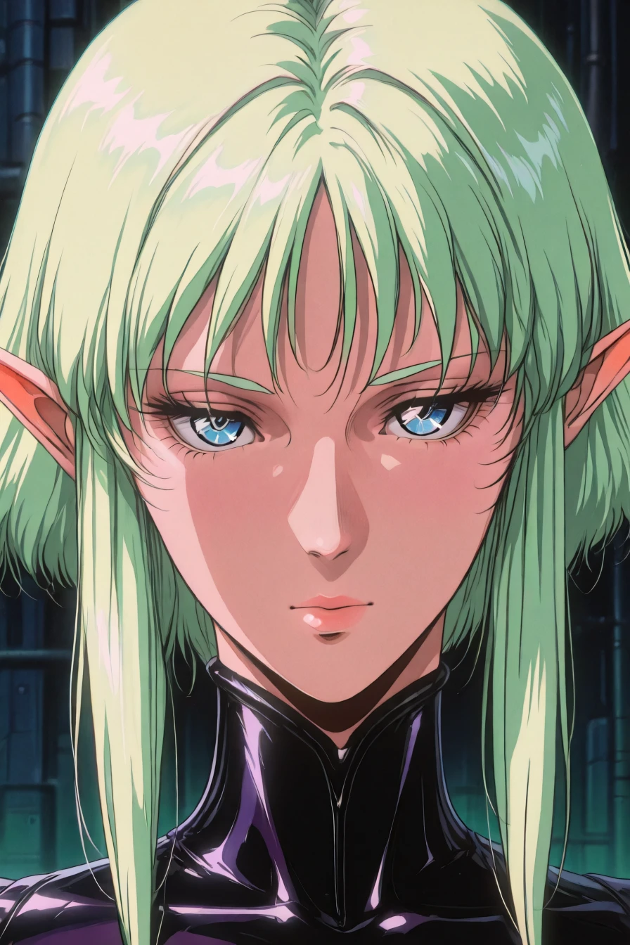 1girl, solo, alone, elf, pointy ears, portrait, looking at the viewer,<lora:retro_cyberpunk_fusion_illustriousXL_by_zura_janai:1>, retro_cyberpunk_fusion, retro, retro artstyle, masterpiece, highres