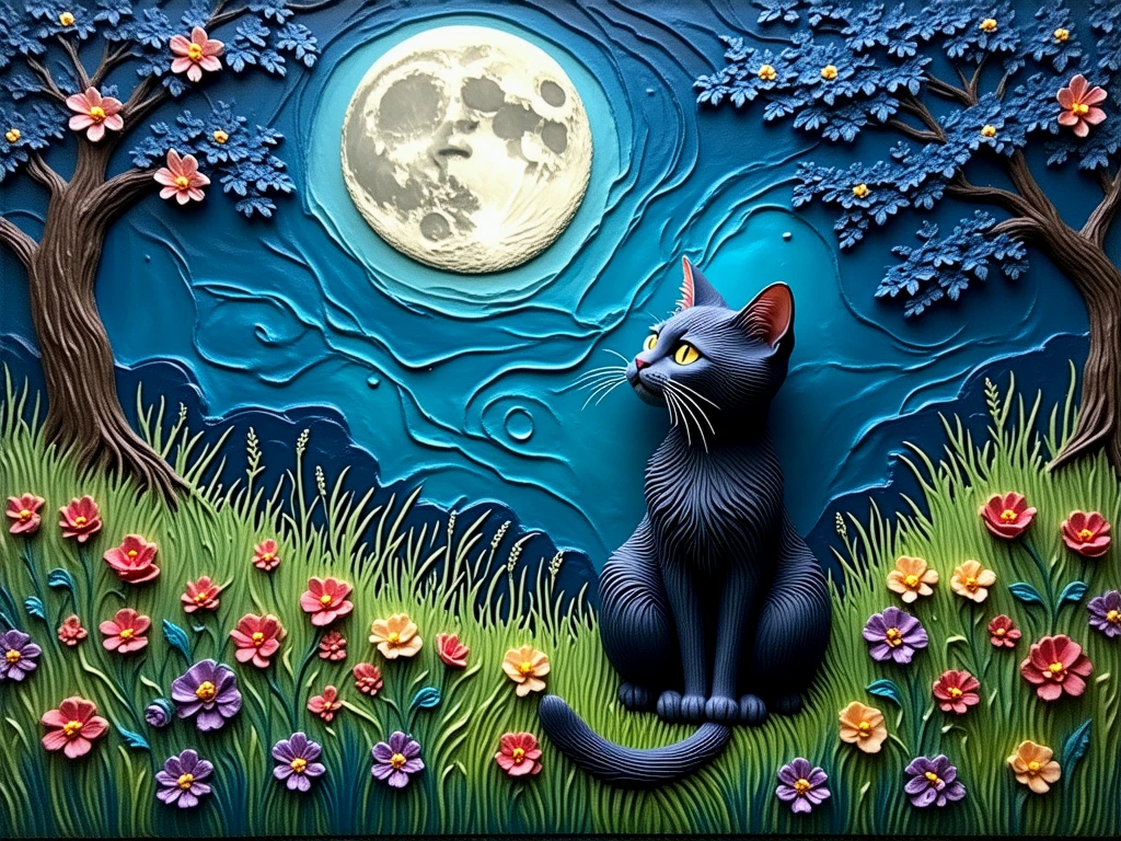 Clay art. A cat in a garden filled with flowers on a moonlit night.
clyartCE_style