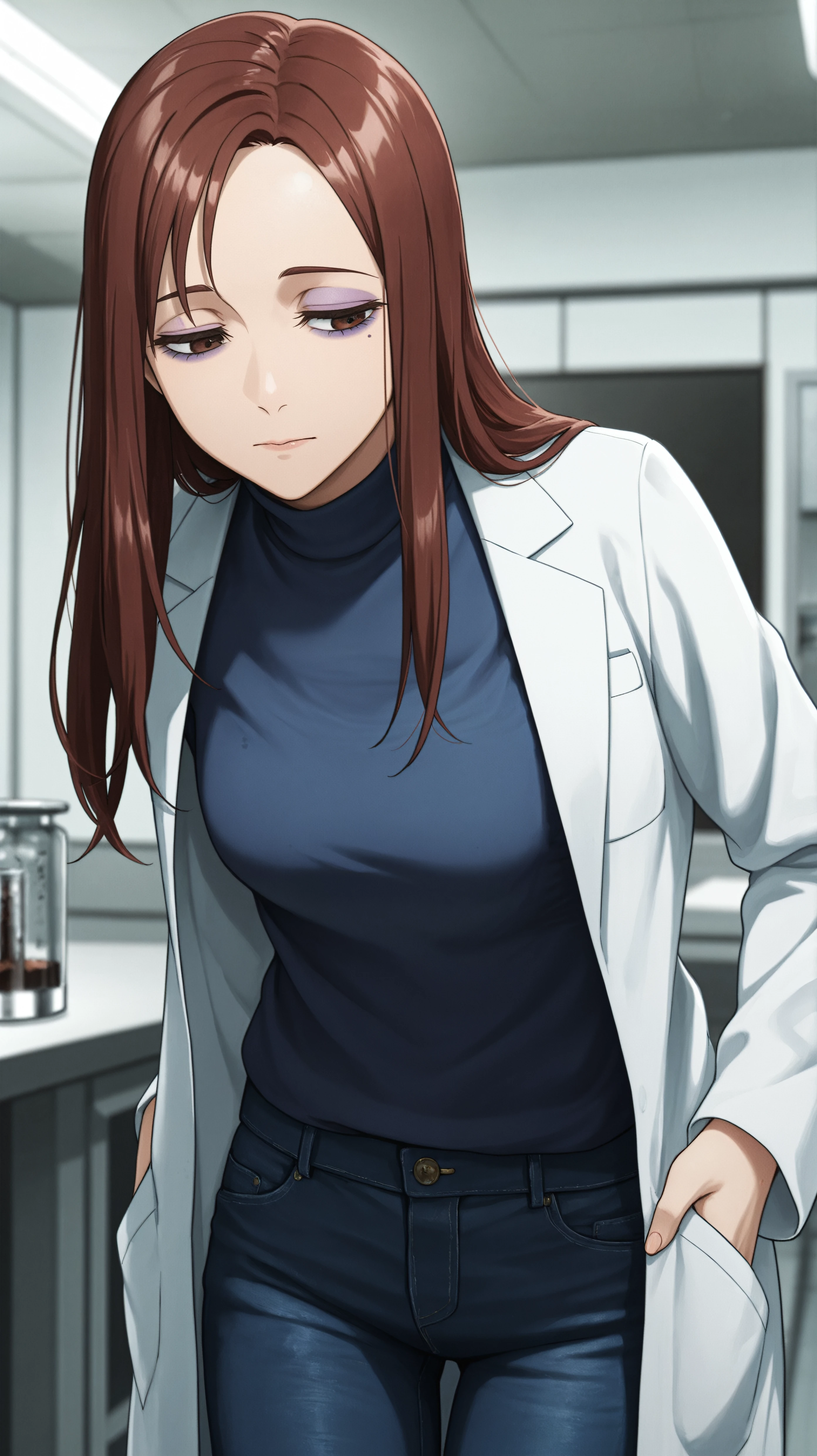 masterpiece, best quality, amazing quality, girl, fidgeting, <lora:Shoko Ieiri - Illu:0.9>, aShoko, long hair, brown hair, brown eyes, eyebags, purple eyeshadow, blue turtleneck, labcoat, birthmark under eye, jeans, laboratory,