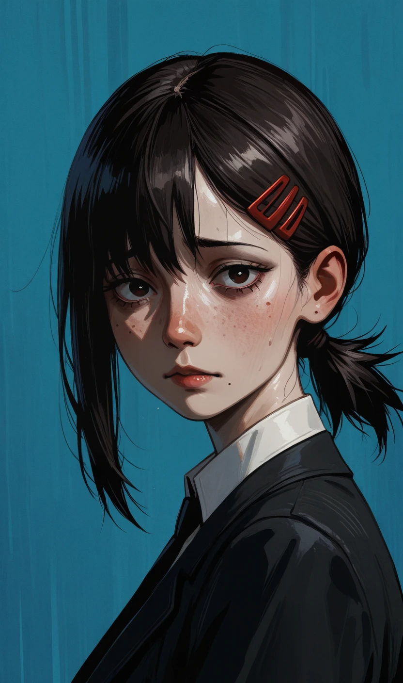 (masterpiece,best quality,amazing quality:1.2),very aesthetic,absurdres,highres,newest,ray tracing,attentive, 8k, original, <lora:dark:0.6>, solo, looking at viewer, higashiyama kobeni, portrait, <lora:Disco_Elysium_style:1>, disco_elysium, painterly, disco_elysium_style,