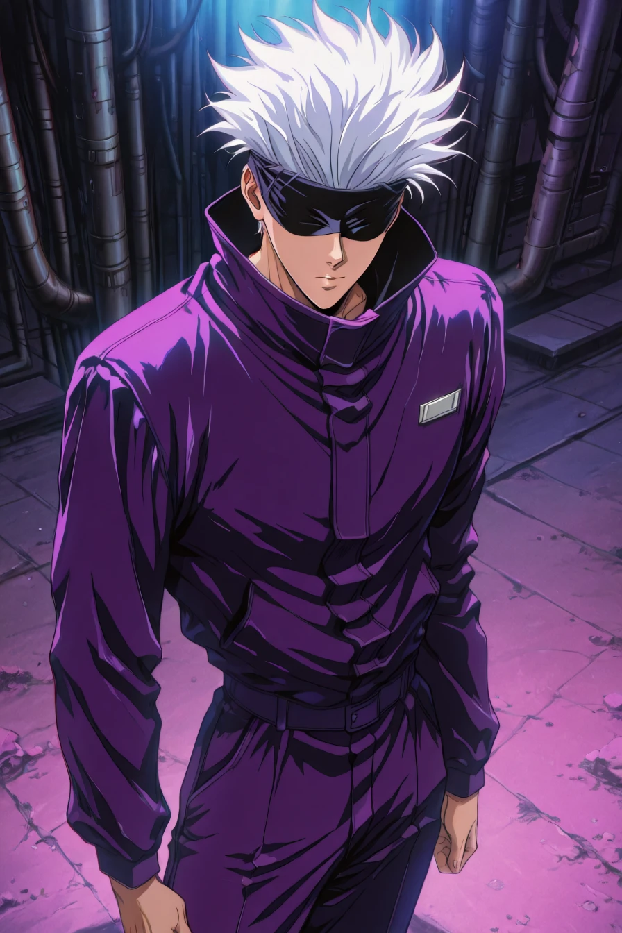gojou satoru, white hair, purple pants, high collar, blindfold, covered eyes, black blindfold, purple jacket, purple pants, 1boy, solo, alone, <lora:retro_cyberpunk_fusion_illustriousXL_by_zura_janai:1>, retro_cyberpunk_fusion, retro, retro artstyle, masterpiece, highres