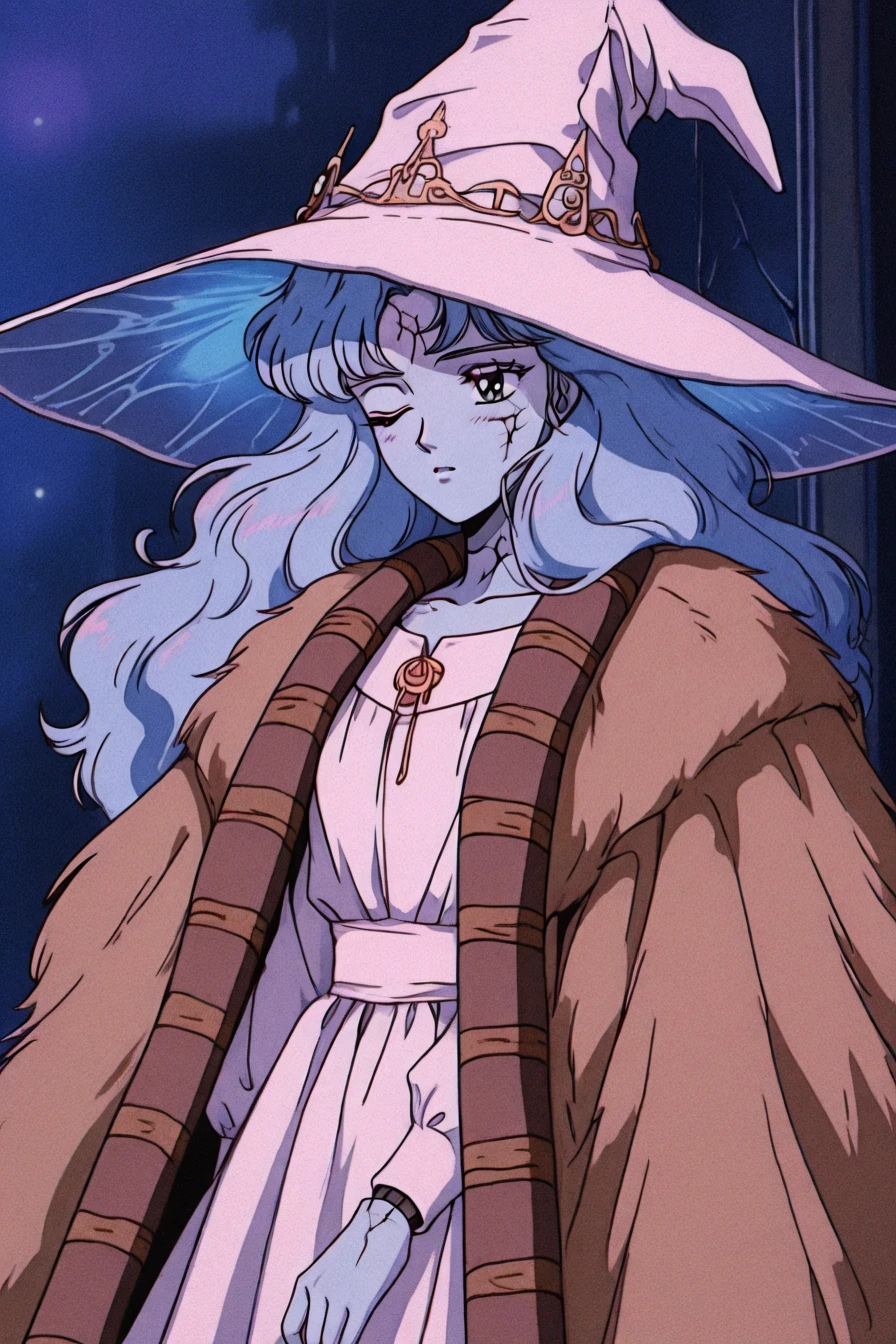 <lora:Ranni_illusXLNoobAI_Incrs_v1:0.4> RnnDef, blue eyes, one eye closed, blue hair, wavy hair, blue skin, colored skin, cracked skin, doll joints, witch hat, large hat, white headwear, white dress, long sleeves, fur cloak, brown cloak, 1girl, solo, alone, <lora:retro_lofi_vibe:1>, retro_lofi_vibe, retro artstyle, masterpiece, highres