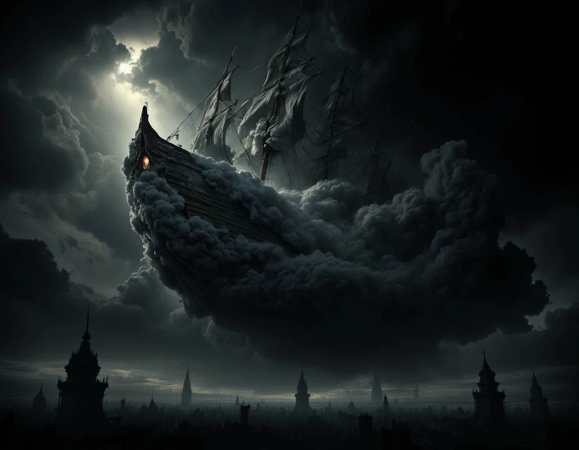<lora:{moody, }Moody-000019:0.85> moody, A hauntingly beautiful, photorealistic image of a majestic ship crafted entirely from dark, foreboding clouds, suspended eerily in mid-air, as if defying gravity. The clouds are dense and thick, with intricate, swirling patterns that resemble the intricate details of a wooden ship, complete with billowing sails and a sturdy hull. The ship's surface is textured, with visible, puffy cloud formations that evoke a sense of ethereal wonder. The atmosphere is heavy with foreboding, the clouds a deep, ominous grey that seems to absorb the light around it, casting long, ominous shadows across the surrounding air. The lighting is dim, with an otherworldly glow emanating from within the clouds, casting an ethereal luminescence across the ship's surface. The background is a deep, inky blackness, punctuated only by the faint, glowing outlines of distant, unseen structures. The shot is a wide-angle, cinematic view, capturing the ship's imposing presence and the eerie, dreamlike quality of its surroundings. The image is rendered in stunning 4k resolution, with meticulous attention to detail and texture, inviting the viewer to step into the haunting, mystical world of the cloud ship. The overall mood is one of moody, eerie enchantment, as if the ship is a harbinger of secrets and mysteries from beyond the veil of reality. . 35mm photograph, film, bokeh, professional, 4k, highly detailed
