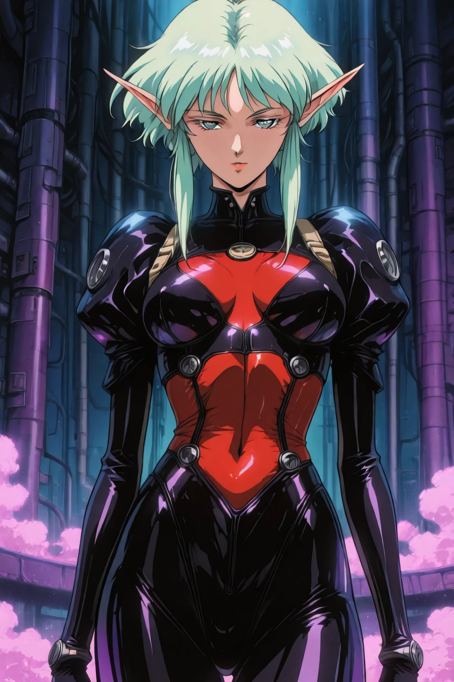 1girl, solo, alone, elf, pointy ears, looking at the viewer, <lora:retro_cyberpunk_fusion_illustriousXL_by_zura_janai:1>, retro_cyberpunk_fusion, retro, retro artstyle, masterpiece, highres