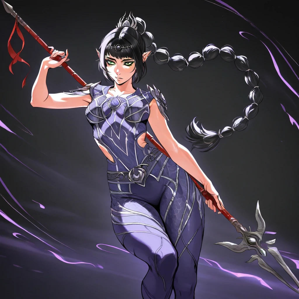 masterpiece, best quality, newest, absurdres, highres, DPDV1.0, dynamic pose, polearm, holding polearm, holding weapon, weapon, 1girl, shadowheart \(baldur's gate\), long braid, elf, pointy ears, black hair, braid, side bangs, green eyes, holding spear, spear,