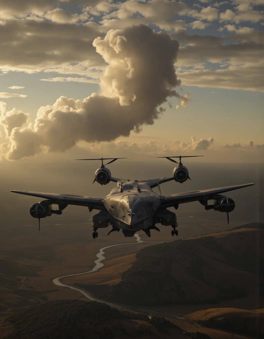 A photo-realistic shoot from below about a futuristic military helicopter flying over a vast landscape during sunset. the image also shows dramatic clouds and a river running through the landscape. on the center of the image, a large, black, stealthy aircraft, resembling a v-22 osprey, is flying in the air. the aircraft has a sleek, futuristic design with a pointed nose and a flat, angular body. it has four large, twin-rotor engines, each with a camera mounted on top, and a camera lens on the front. the cockpit is visible, and the aircraft appears to be in mid-flight. the background features a vast, open landscape with rolling hills and a winding river in the distance. the sky is a mix of warm, golden hues, with a few wispy clouds scattered across the horizon.
