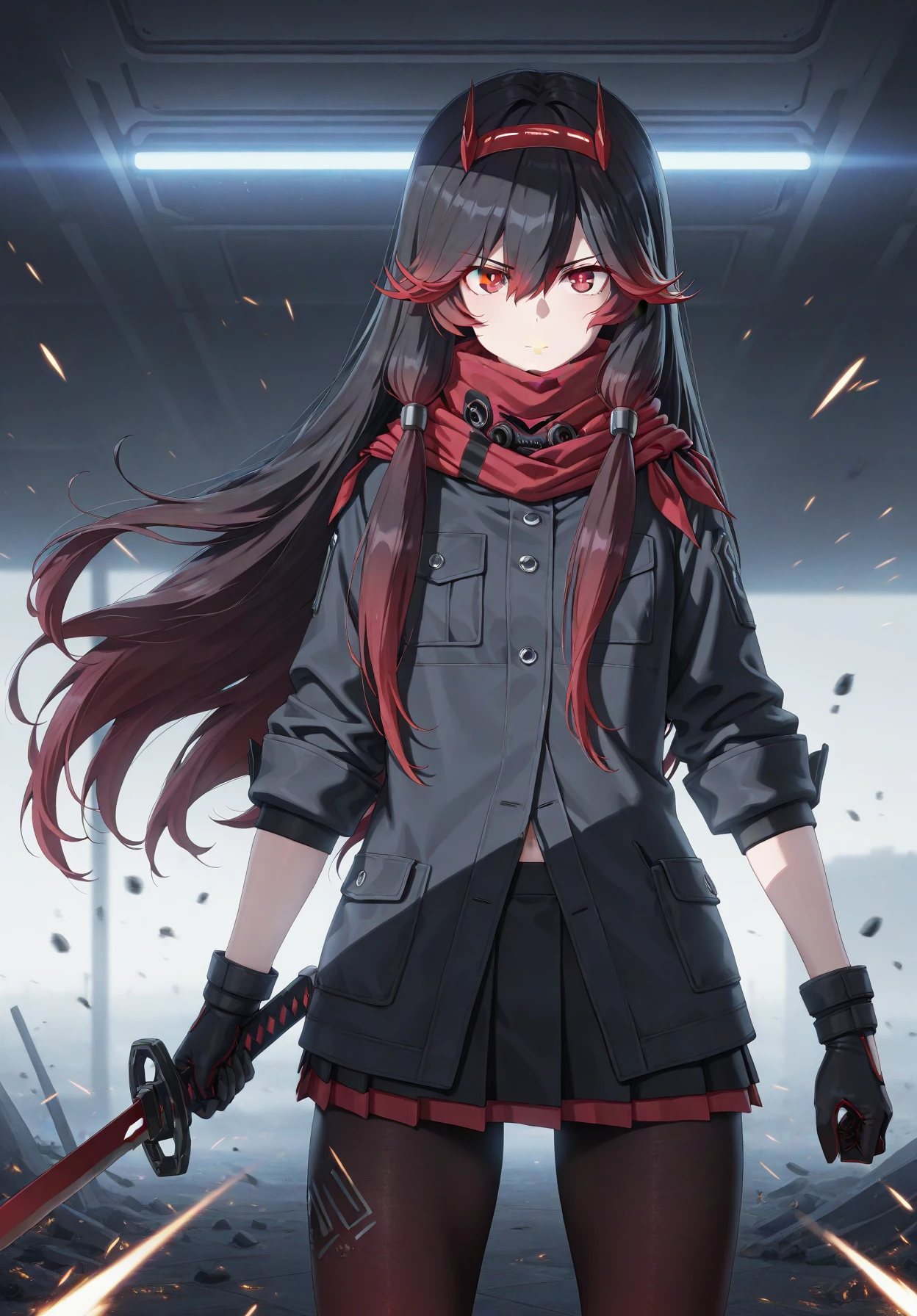 highres, hi res, best quality, masterpiece, intricate details, 4k, anime coloring, 1girl, cute, gradient hair, black hair, hair between eyes, black gloves, red hair, red eyes, bangs, scarf, skirt, solo, two-tone hair, dark pantyhose, sparks, metallic debris, dynamic pose, sword raised, intense expression, indoor sci-fi environment, glowing lights, motion blur, cinematic lighting, dramatic shading, masterpiece, amazing quality, best quality, ultra-detailed, 8K, illustration, CG, clear skin <lora:Lucia_Lotus_-_PGR_r1:0.95>