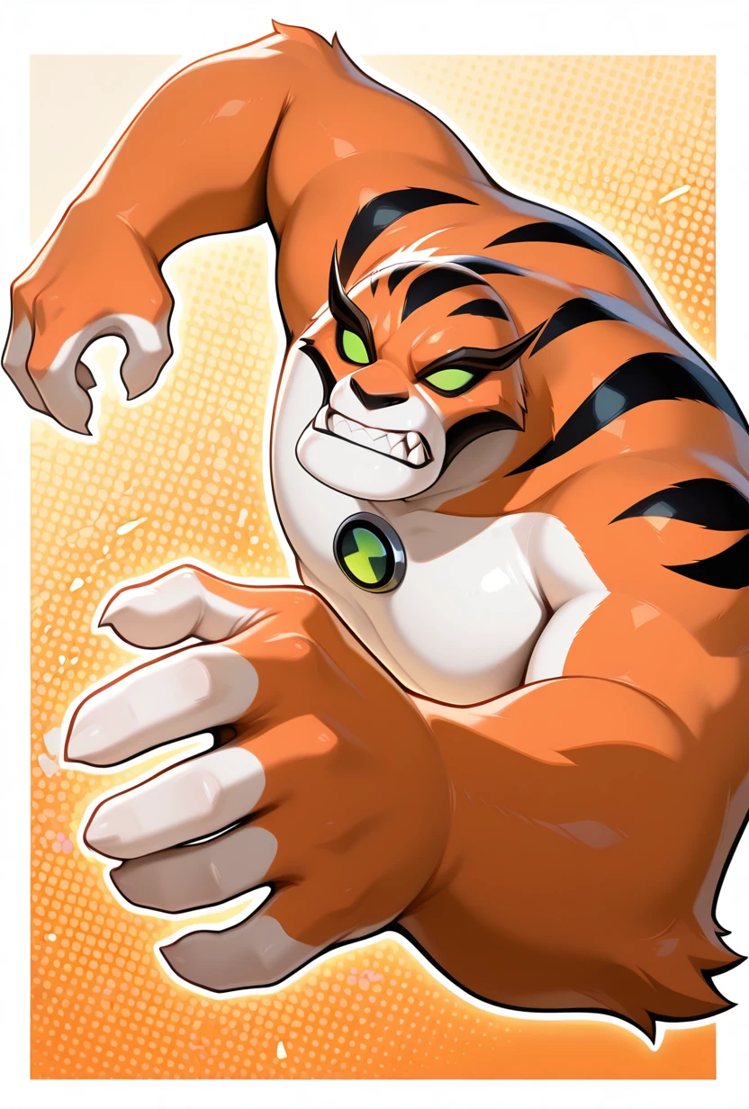<lora:rath-10:1> rath, furry, 1boy, green eyes, green sclera, solo, no humans, , fangs, orange fur, sharp teeth, big arms, no pupils, big body, orange background, clenched teeth, dynamic pose,, upper body, halftone effect, white borders, abstract background:1.2,, masterpiece, best quality, amazing quality, very aesthetic, absurdres, newest,
