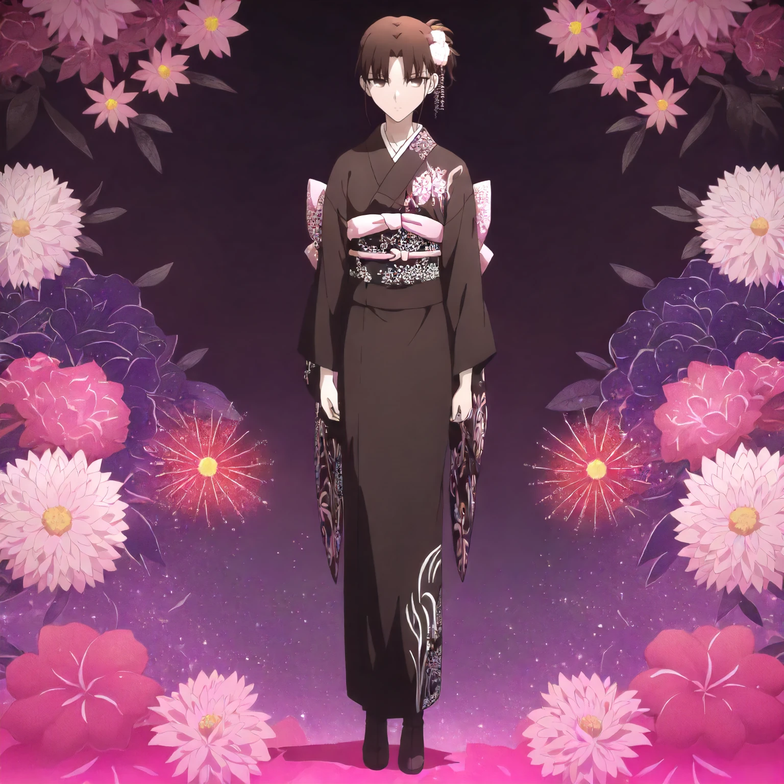 <lora:KnK_ryougi_shikiXLIllustrious001>,
masterpiece,best quality,good quality,newest,
flower background,glitter,
expressionless,
looking at viewer,
solo,
anime coloring,
ryougi_shiki\(kara_no_kyoukai\),1girl,black brown hair,short ponytail,updo,hair_ornament,brown eyes,
pink and black print kimono,
full body,
standing,