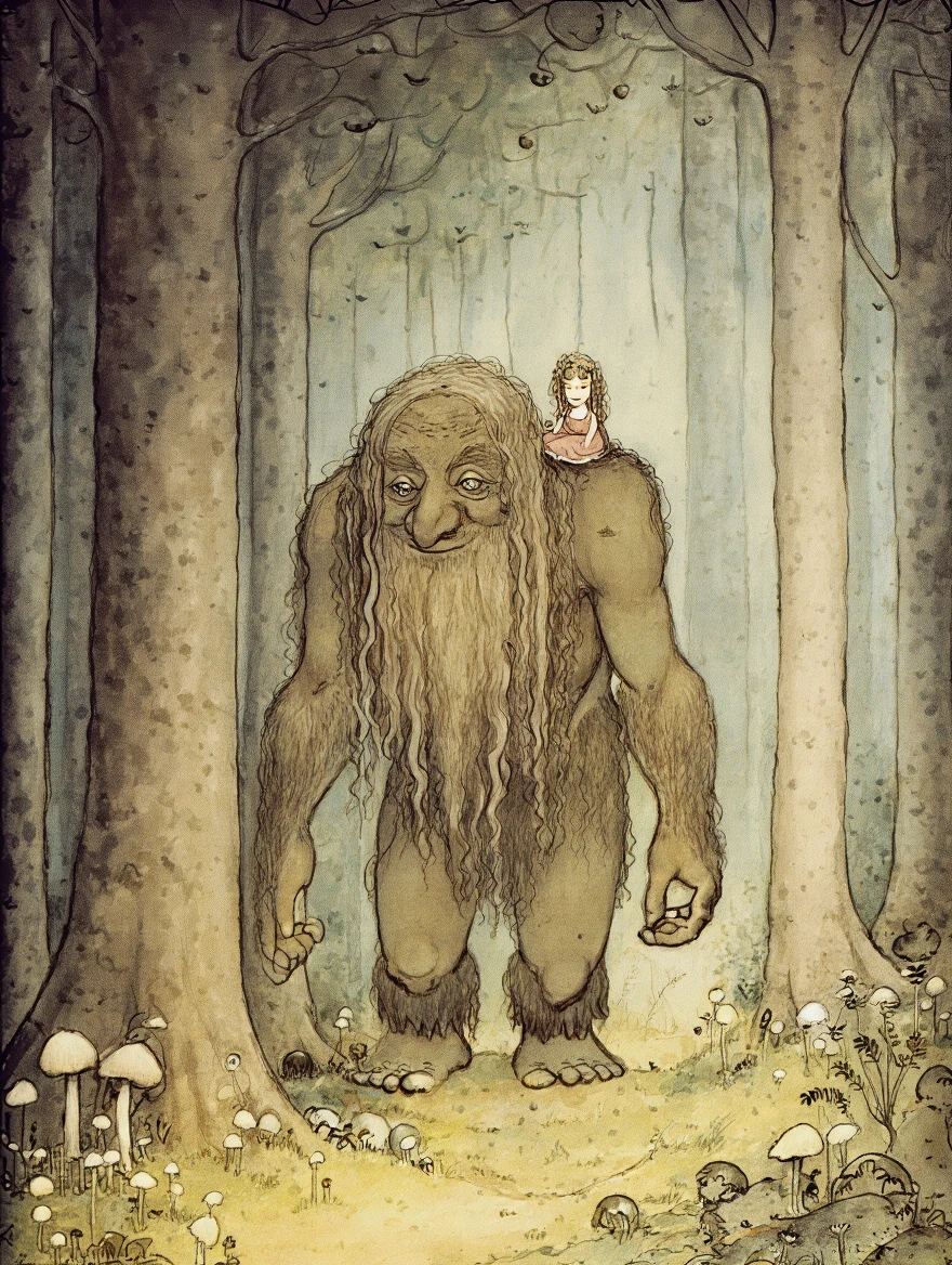 John Bauer style. Giant troll with a small lady his shoulder walking through a forest.  Scene if happy and whimsical.