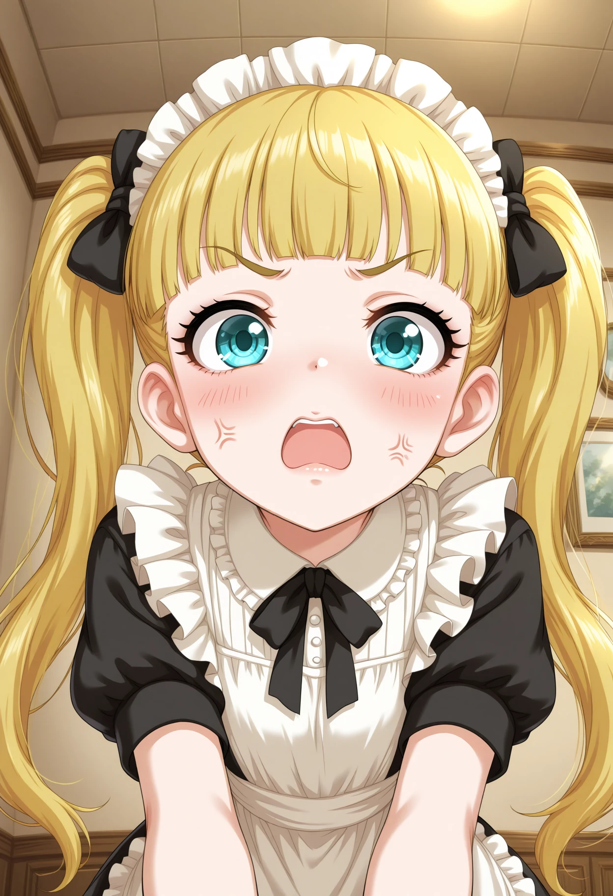 masterpiece, best quality, amazing quality, 1girl, solo, makeup, blush, upper body, perspective, front angle, dynamic, general, anger vein, indoors, troubled eyebrows, open mouth <lora:Mary_Cochran_Cinderella:1>, Mary_Cochran_Cinderella, long hair, blonde hair, twintails, hair bow, blue eyes, blunt bangs, maid dress. maid headdress, black hair ribbon, frills, <lora:wai-Rectified-s:1>, <lora:prompt_extend:1>