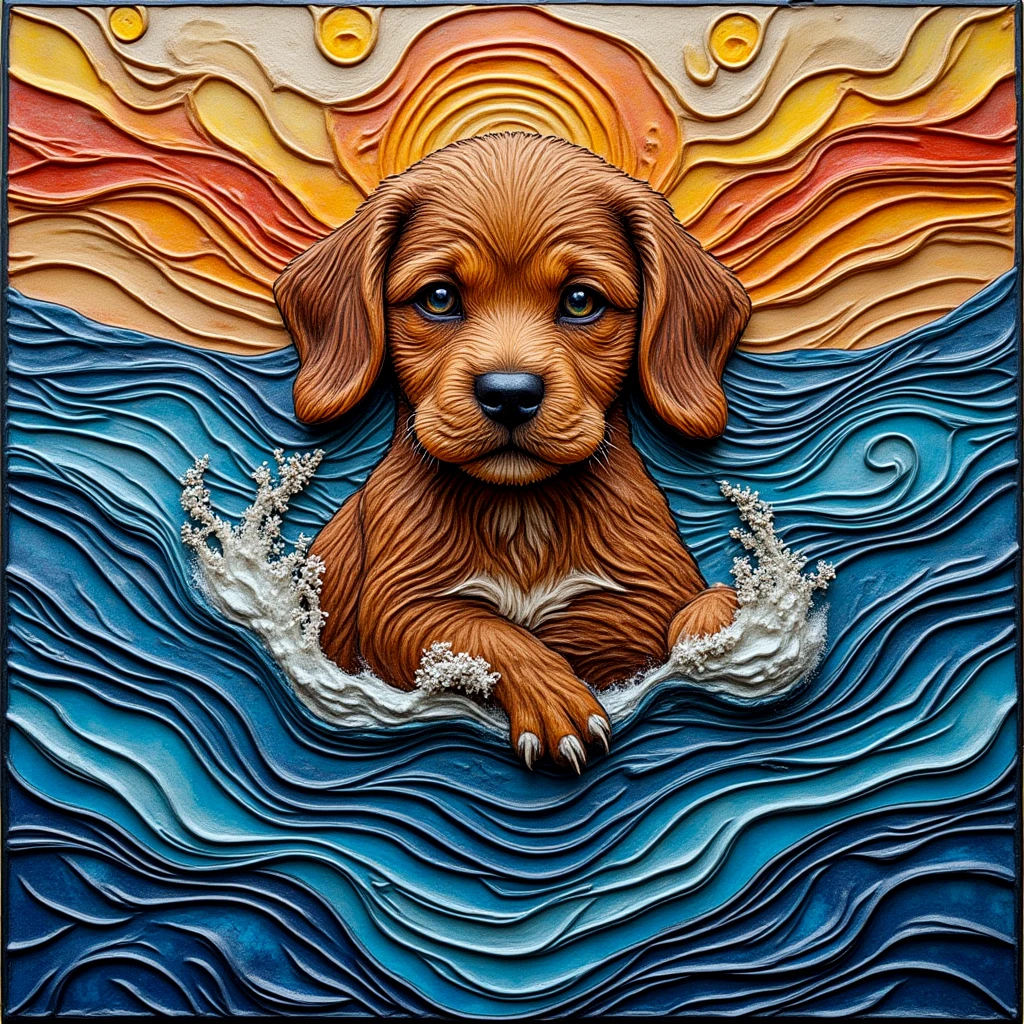 Abstract art. A beautiful brown puppy made of stained glass contours, fantasy style. Iridescent eyes. Surrounded by ocean.

clyartCE_style