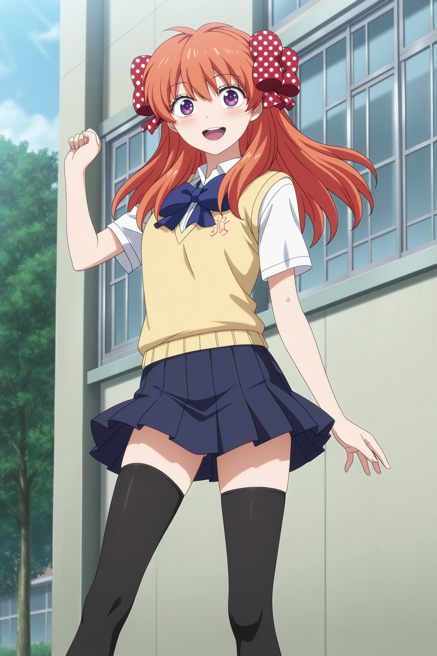 masterpiece, best quality, amazing quality, highres, absurdres, very aesthetic, high resolution, ultra detailed, perfect details, 1girl, solo, outdoors, school, day, sunlight, sakura chiyo, long hair, orange hair, red hair ribbon, polka dot ribbon, purple eyes, short sleeves, white shirt, collared shirt, yellow sweater vest, blue bowtie, blue skirt, pleated skirt, black thighhighs, brown footwear, loafers, <lora:Chiyo_Sakura_ILXL:0.8>, aged up, (feet out of frame:1.5), looking at viewer, smile, (anime coloring:1.5), (pose:1.1), open mouth