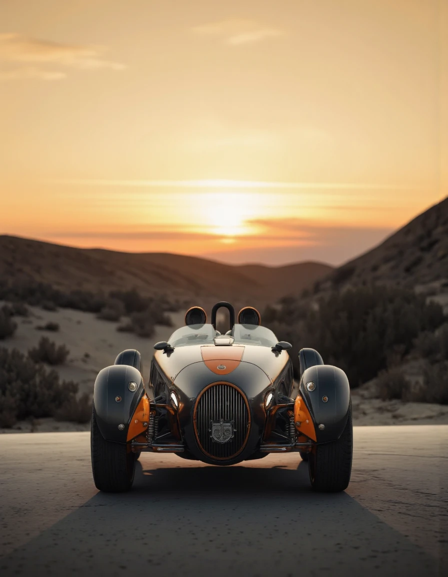 A photo-realistic rendering of a futuristic, sleek, futuristic vehicle with a sleek, metallic exterior and orange accents. the vehicle is positioned in the center of the frame, with a blurred, desert-like landscape in the background during sunset. the sky is a warm orange color, and the horizon is visible in the distance. the car has a low-slung body with a large, circular cockpit and two large, twin-cylinder exhausts on either side, giving it a sleek and modern look. the overall aesthetic of the image is minimalistic, with no other elements present in the scene.