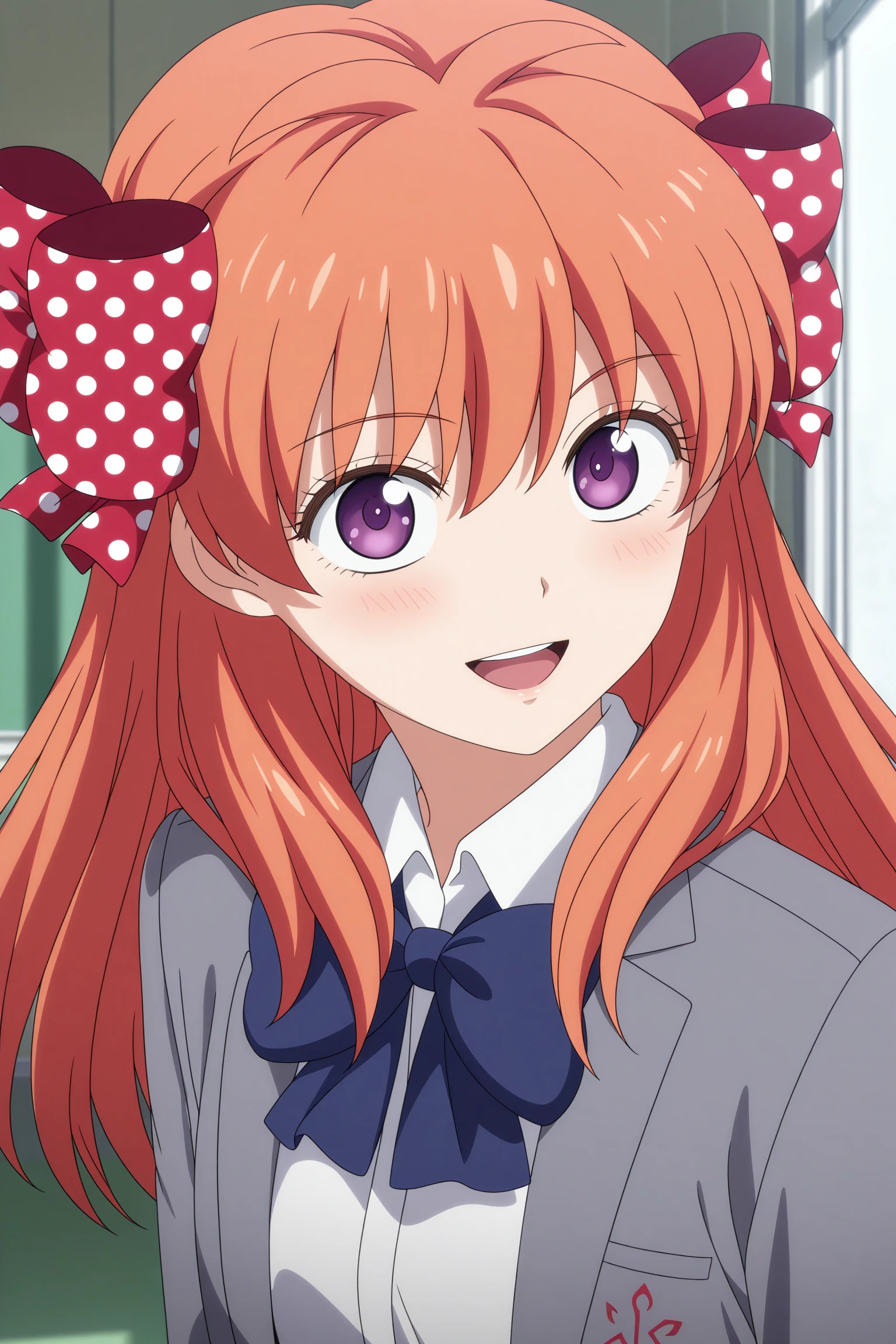 masterpiece, best quality, amazing quality, highres, absurdres, very aesthetic, high resolution, ultra detailed, perfect details, 1girl, solo, indoors, classrom, sakura chiyo, long hair, orange hair, red hair ribbon, polka dot ribbon, purple eyes, long sleeves, grey jacket, open jacket, white shirt, collared shirt, blue bowtie, blue skirt, pleated skirt, black thighhighs, brown footwear, loafers, <lora:Chiyo_Sakura_ILXL:0.8>, aged up, (portrait:1.5), looking at viewer, smile, (anime coloring:1.5), pose, open mouth, from side