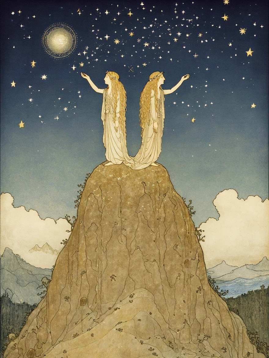 John Bauer style.  Two female oracles on top of a mountain divining the stars.