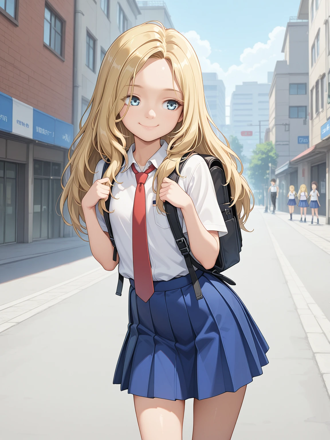 <lora:Diana Pragmata IL:0.75> xdianax
blonde hair, blue eyes
white shirt, red necktie, blue skirt, pleated skirt, backpack, smile
street, daytime, day