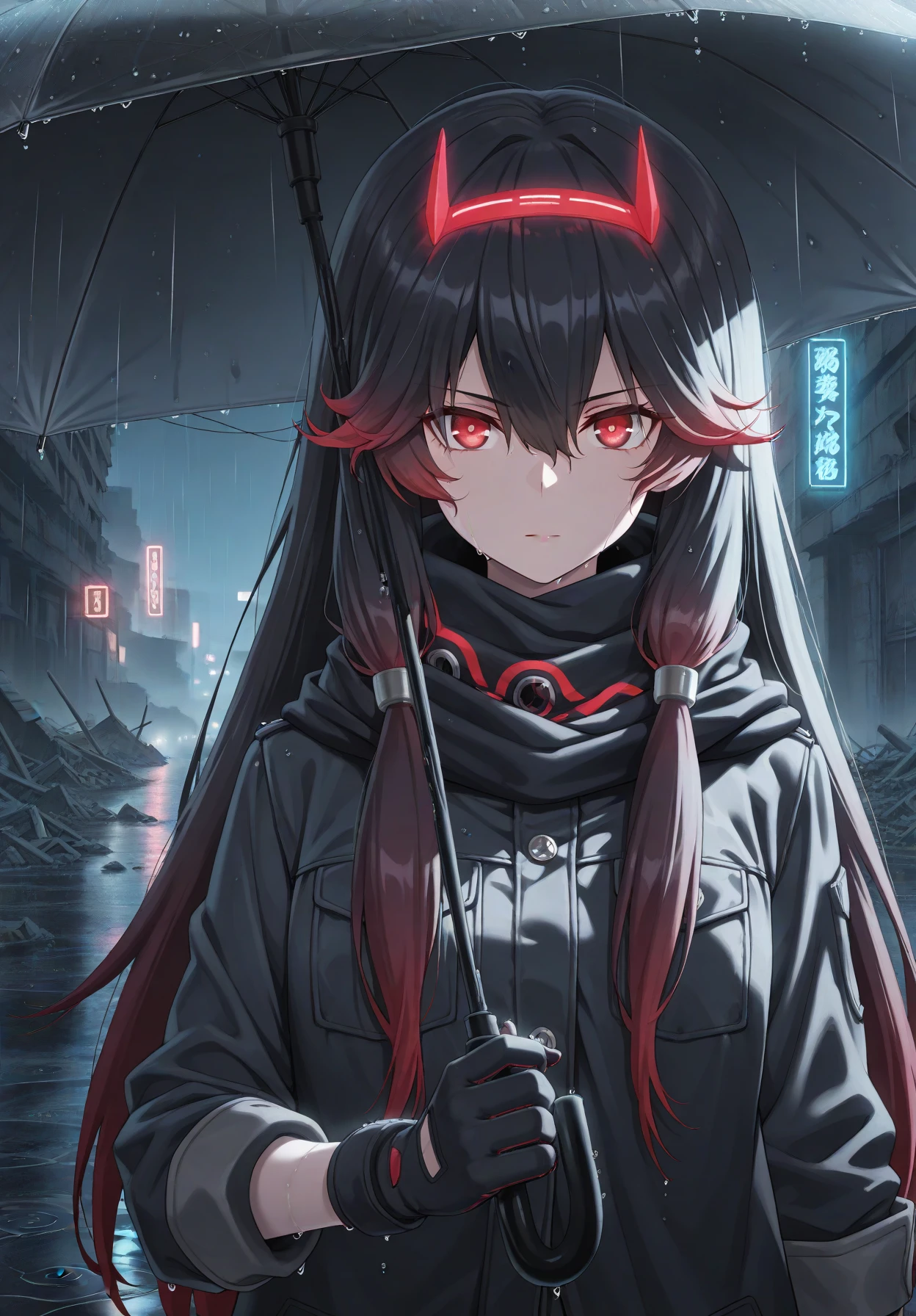 highres, hi res, best quality, masterpiece, intricate details, 4k, anime coloring, 1girl, cute, gradient hair, black hair, hair between eyes, black gloves, red hair, red eyes, bangs, scarf, upper body, solo, two-tone hair, rain, neon lights, wet ground, reflections, serious face, urban ruins, dark atmosphere, umbrella, glowing red eyes, night,dramatic lighting, moody, masterpiece, amazing quality, best quality, ultra-detailed, 8K, illustration, CG, clear skin <lora:Lucia_Lotus_-_PGR_r1:0.95>