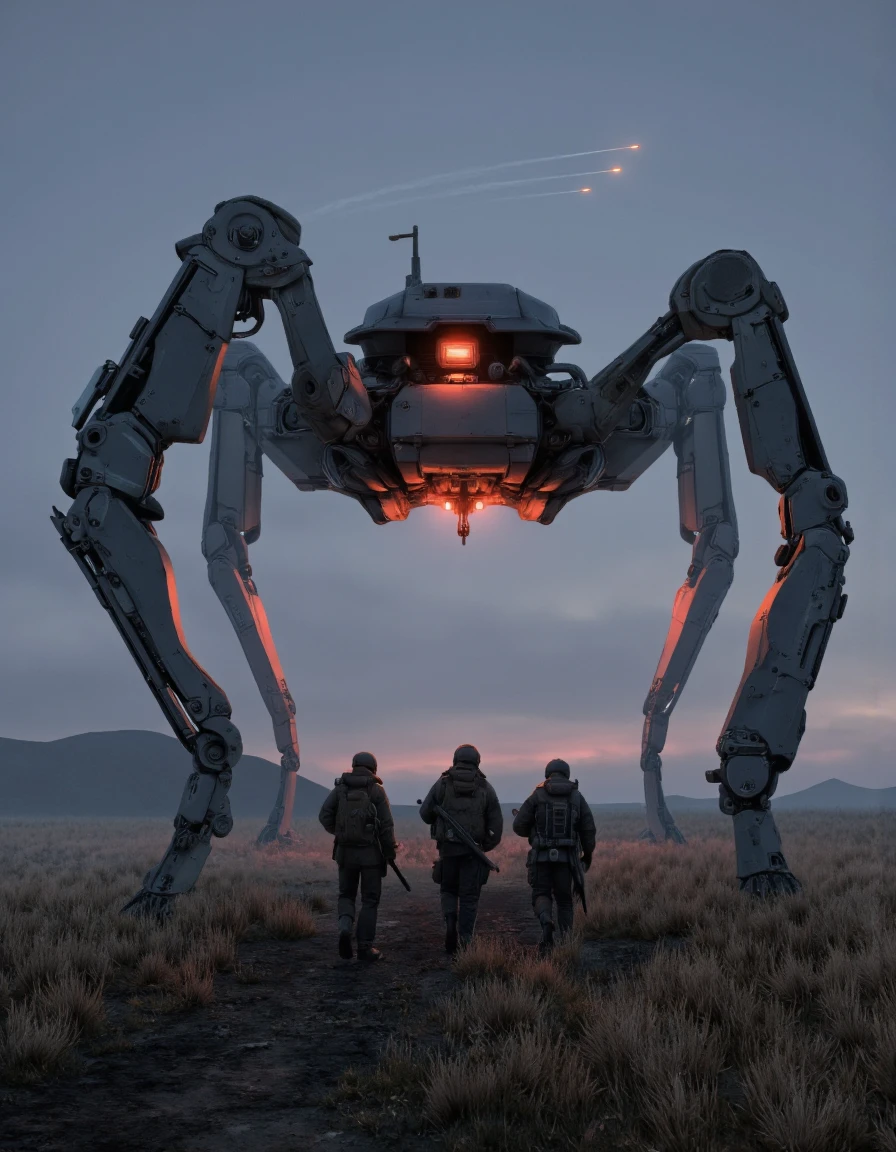 A digital illustration shoot from a front camera angle about a futuristic, sci-fi scene featuring a large, imposing robot with a large spider-like structure and glowing red lights, accompanied by three silhouetted soldiers in a foggy landscape during sunset. the scene is set in a post-apocalyptic wasteland with tall grass and a distant horizon. the robot stands tall and imposing, with its legs spread wide, while the soldiers follow closely behind, each carrying a backpack and holding a gun. the soldiers are wearing full-body armor and helmets, and the robot has a sleek, metallic design with intricate details and a glowing red light at the top. the background features a gradient of blue and red hues, with a few faint contrails visible in the sky, creating a sense of depth and atmosphere. the overall mood of the image is ominous and foreboding, with the robot towering over the soldiers, adding to the sense of danger and isolation.