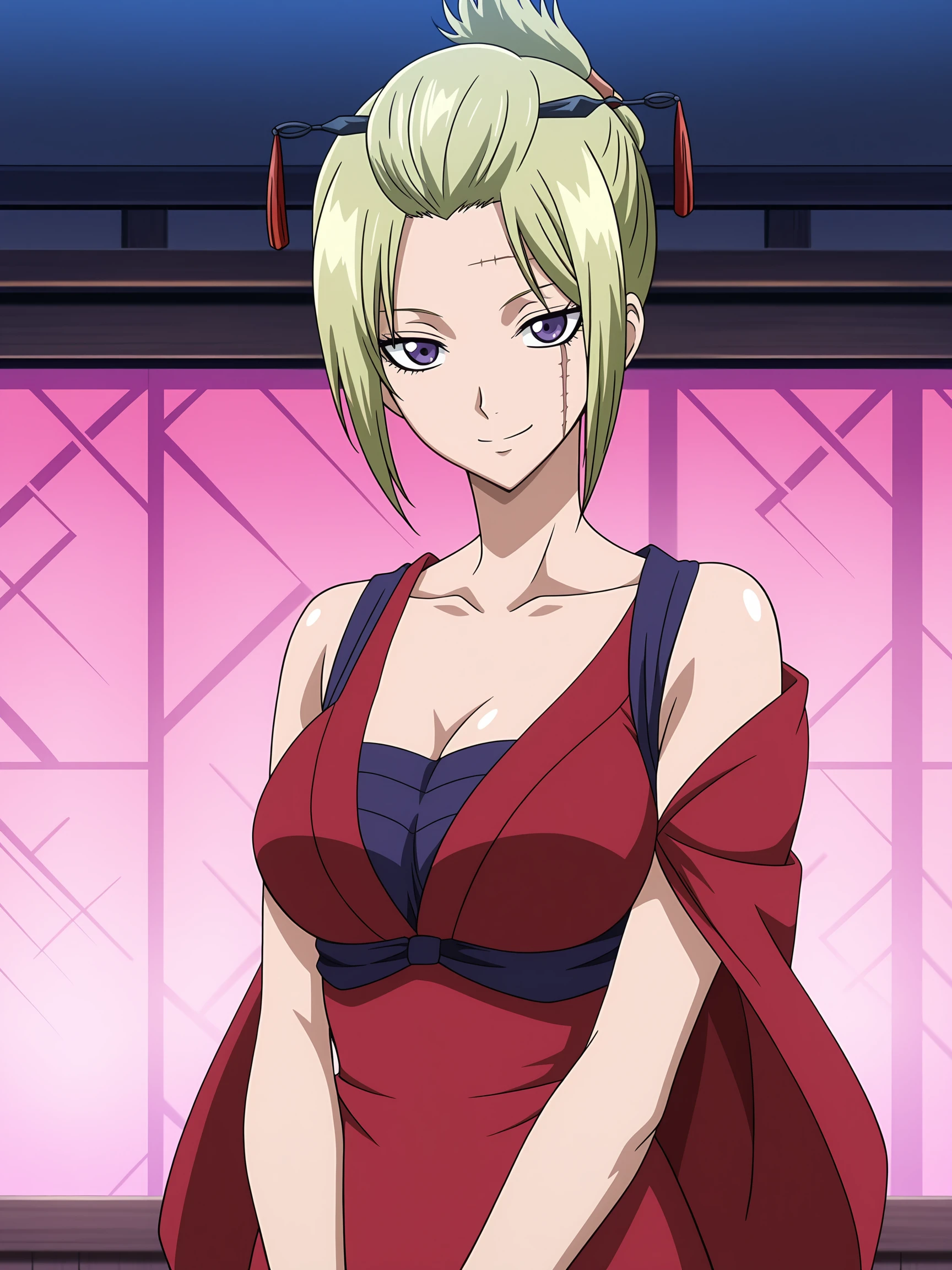 best quality, official art, anime screenshot, anime coloring, adult female, dress, looking at viewer, smile, 1girl, solo, medium breasts, blonde hair, folded ponytail, blonde hair, hair ornament, hair stick, hair up, hairpin, purple eyes, scar on cheek, short hair, tsukuyo, <lora:RGV_Tsukuyo_GTM:0.9>