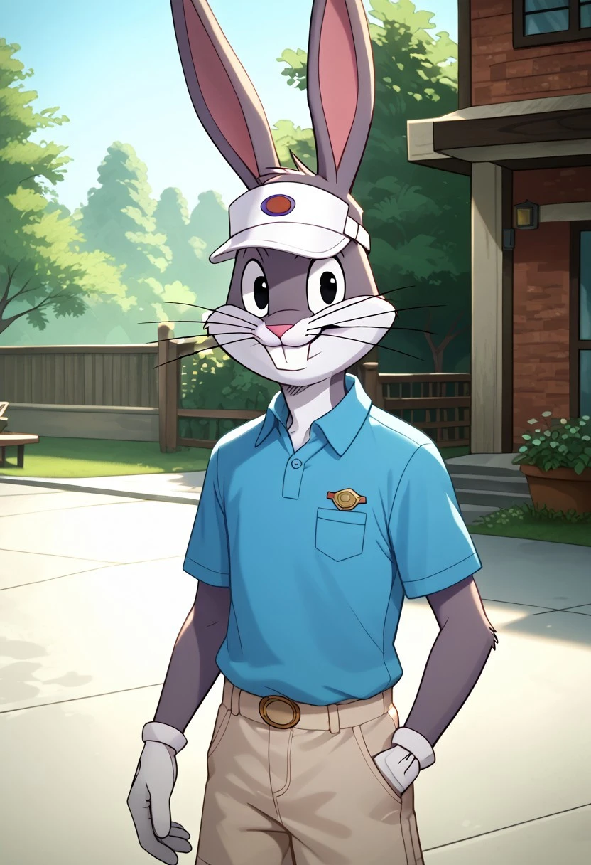 score_9_up, score_8_up, score_7_up, masterpiece, best quality, amazing quality, very aesthetic, absurdres, newest, high quality, detailed, male, solo male, BugsBunny, 1boy, mature male, male, athletic build, rabbit, black eyes, grey fur, light underbelly, whiskers, blue polo shirt, tan shorts, white visor, outdoors, country club, looking at viewer, smiling, volumetric lighting, day time, half body