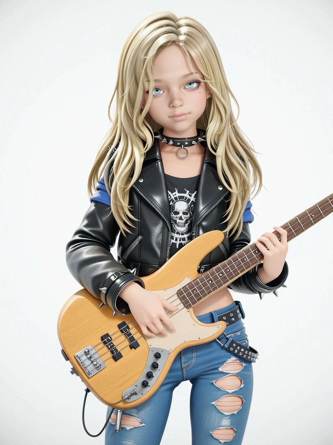 <lora:Diana Pragmata IL:0.75> xdianax
blonde hair, blue eyes
punk clothes, black leather jacket, torn jeans, blue jeans, spiked collar, piercings, bass guitar
3d