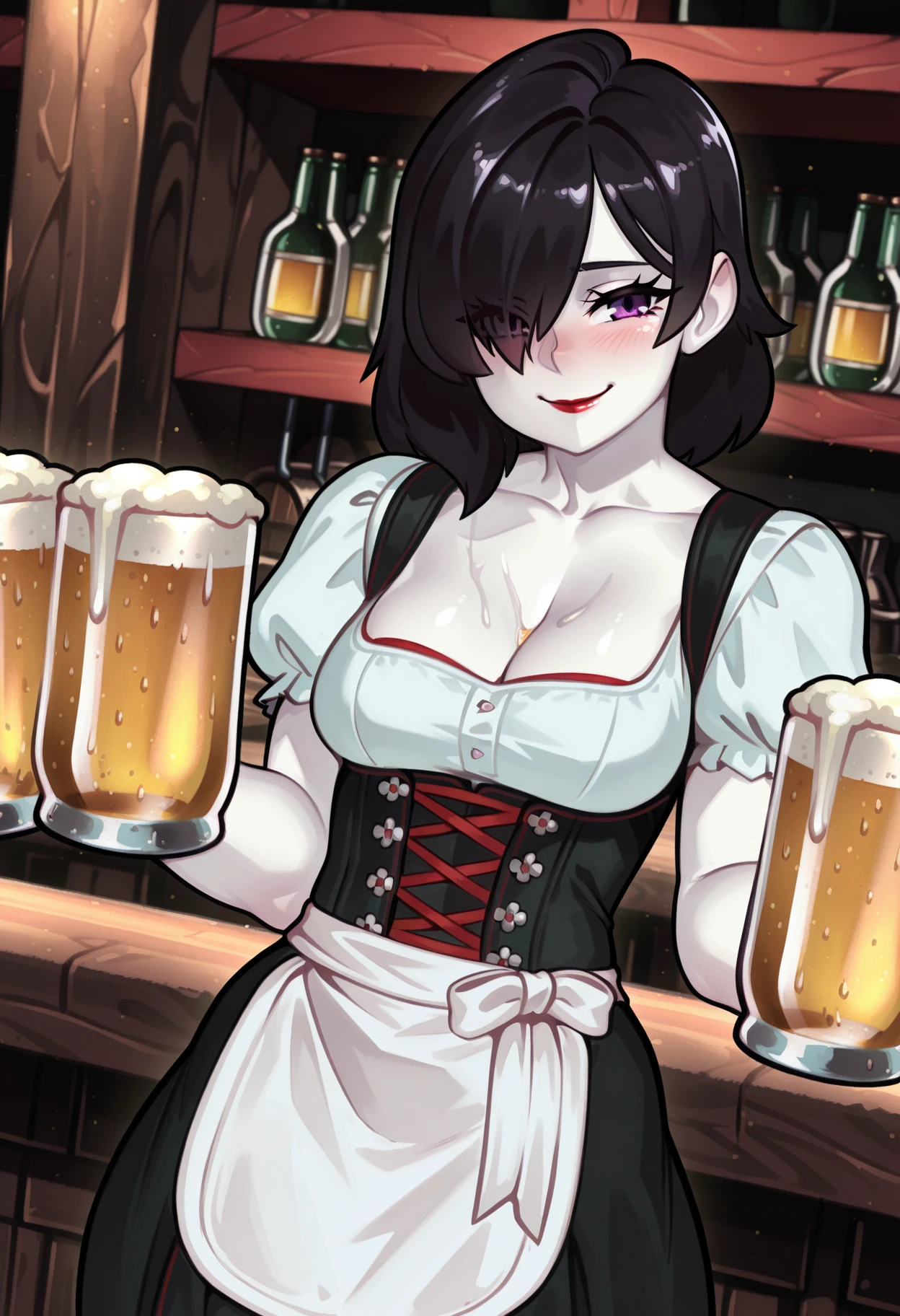 Rachelroth, purple hair, (grey skin:1.3), forhead jewel, short hair, cleavage, beer maid, octoberfest, (octoberfest, traditional german clothes, octoberfest, dirindl), beer hall, resturant, smile, holding a tray of beers, upper body focus, large breasts, nipples, slutty, exposed breasts, breasts out, sleeves, puffy shoulders,, beer steins, apron, nipples