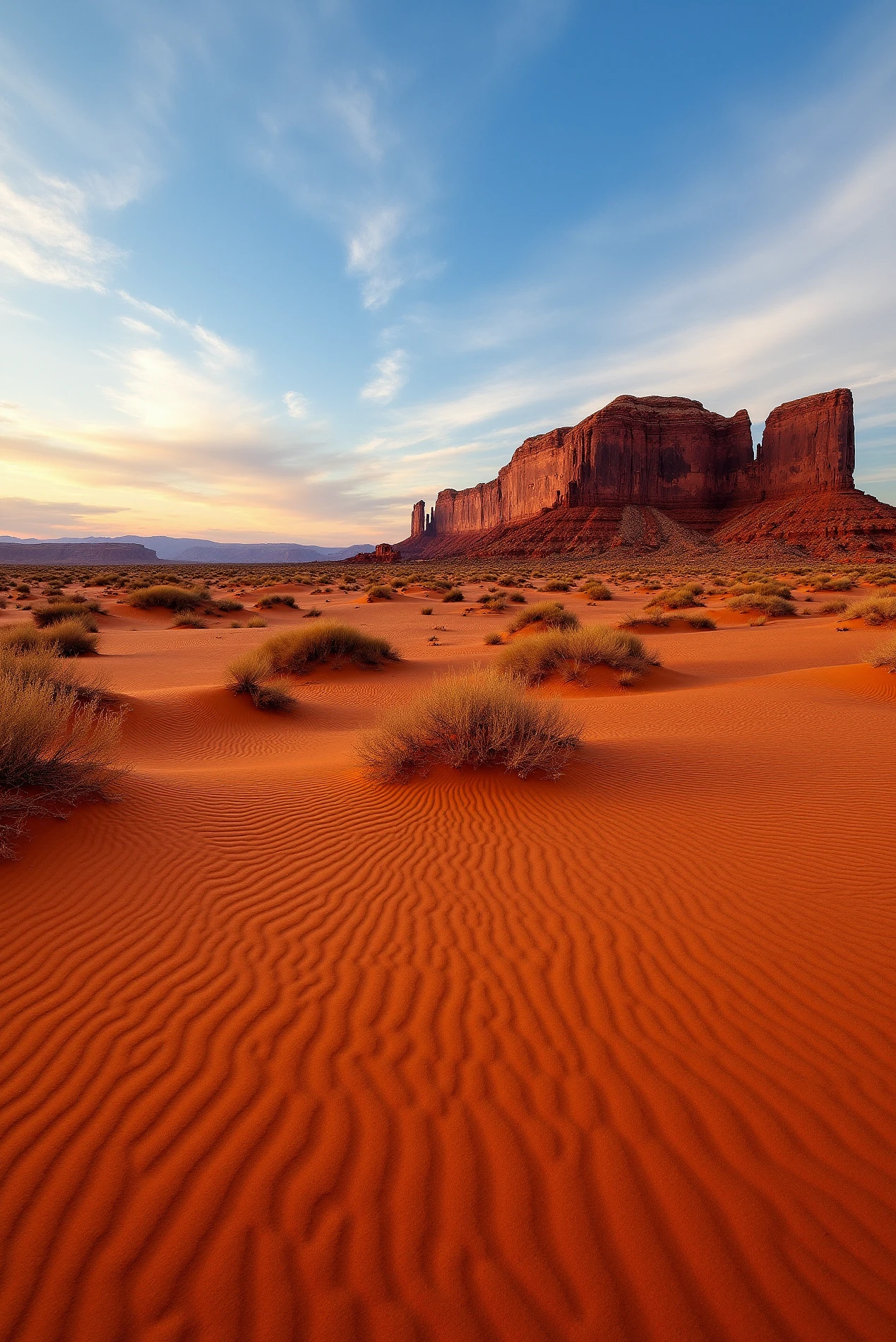 <lora:Monument_Valley:0.8> MonumentValley style.
A breathtaking desert expanse stretches toward the horizon, where towering mesas and monolithic buttes rise from the ochre sand like ancient guardians carved by wind and time. The foreground is textured with intricate ripple patterns in the fine red dunes, interspersed with tufts of hardy desert brush, each casting crisp shadows under the softening light. To the right, a monumental sandstone formation looms over the landscape, its vertical ridges catching the amber glow of a setting sun, while layered cliffs in the distance form a dramatic natural skyline beneath a vast, painterly sky streaked with cirrus clouds. Captured in ultra-wide perspective with sharp depth-of-field, the composition blends hyperreal geological detail with sweeping atmospheric grandeur. A complementary color palette of burnt sienna, cobalt, and muted gold imbues the scene with serene, cinematic majesty.